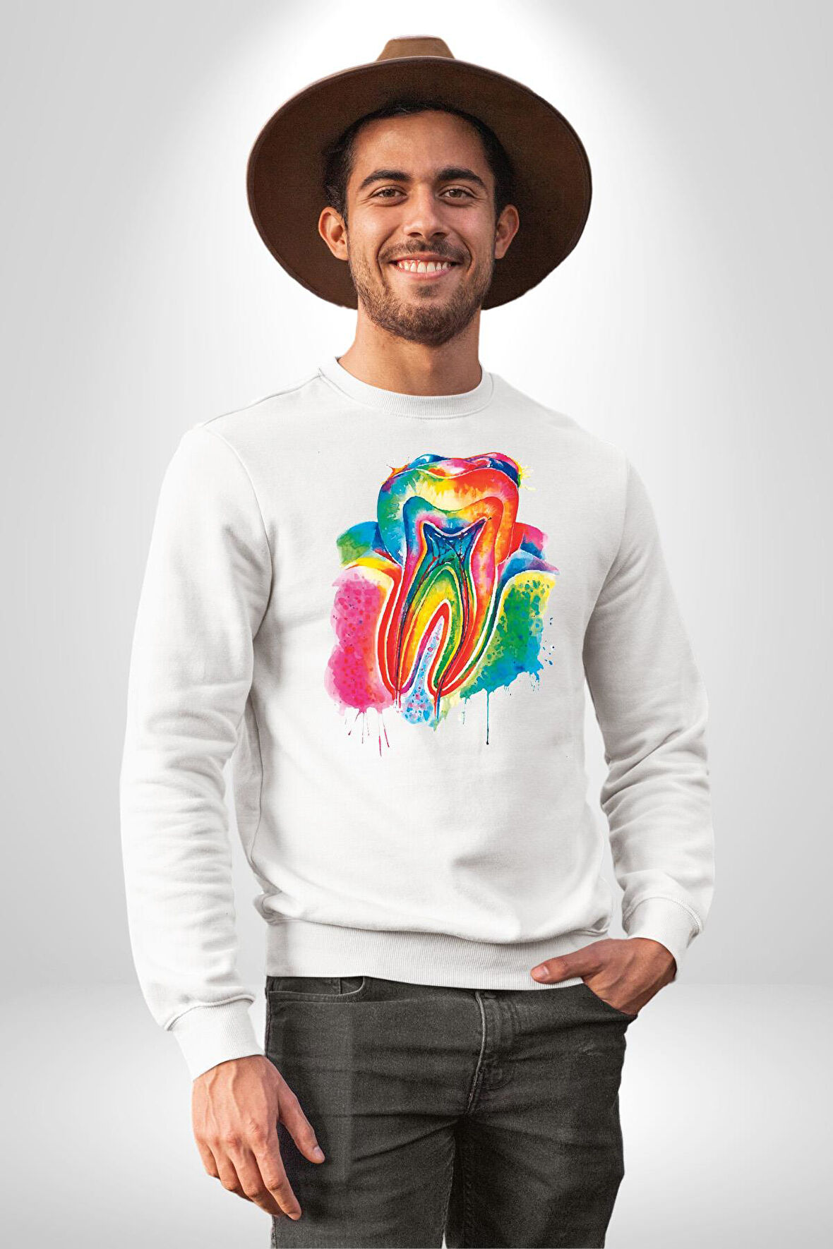 Diş Doktoru Diş Anatomisi Özel Tasarım Kadın Erkek Beyaz Sweatshirt 