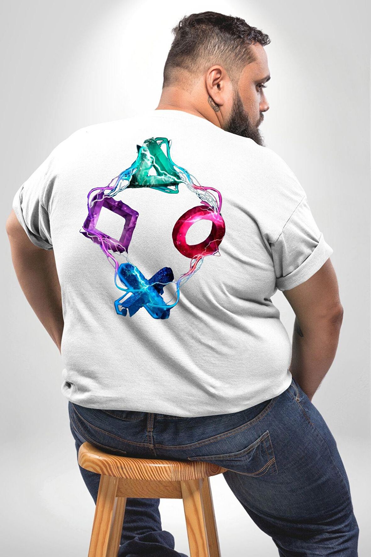 Playstation Kumanda Konsol Büyük Beden Beyaz Tişört Kadın Erkek Ünisex Sırt Baskılı