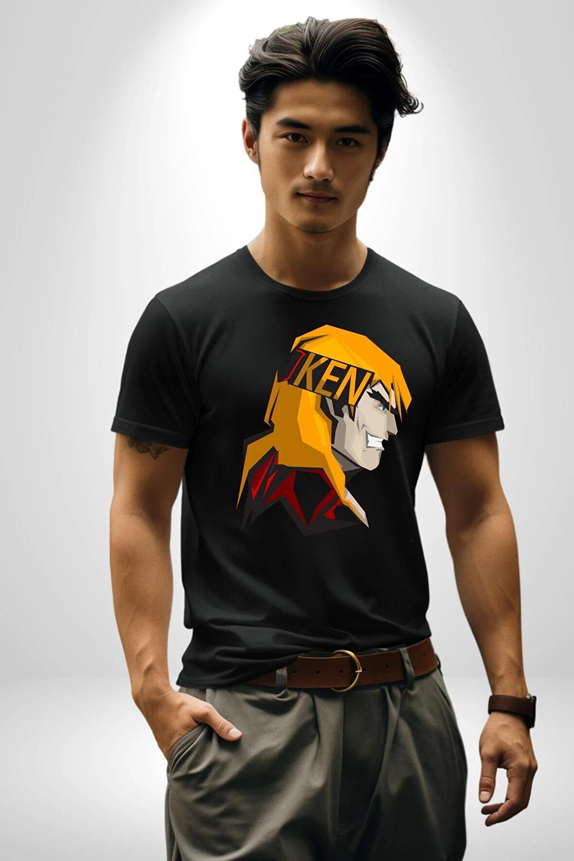 Street Fighter Ken Masters Kareteci Kadın Erkek Unisex Siyah Organik Baskılı T-Shirt Penye Yüksek Kalite