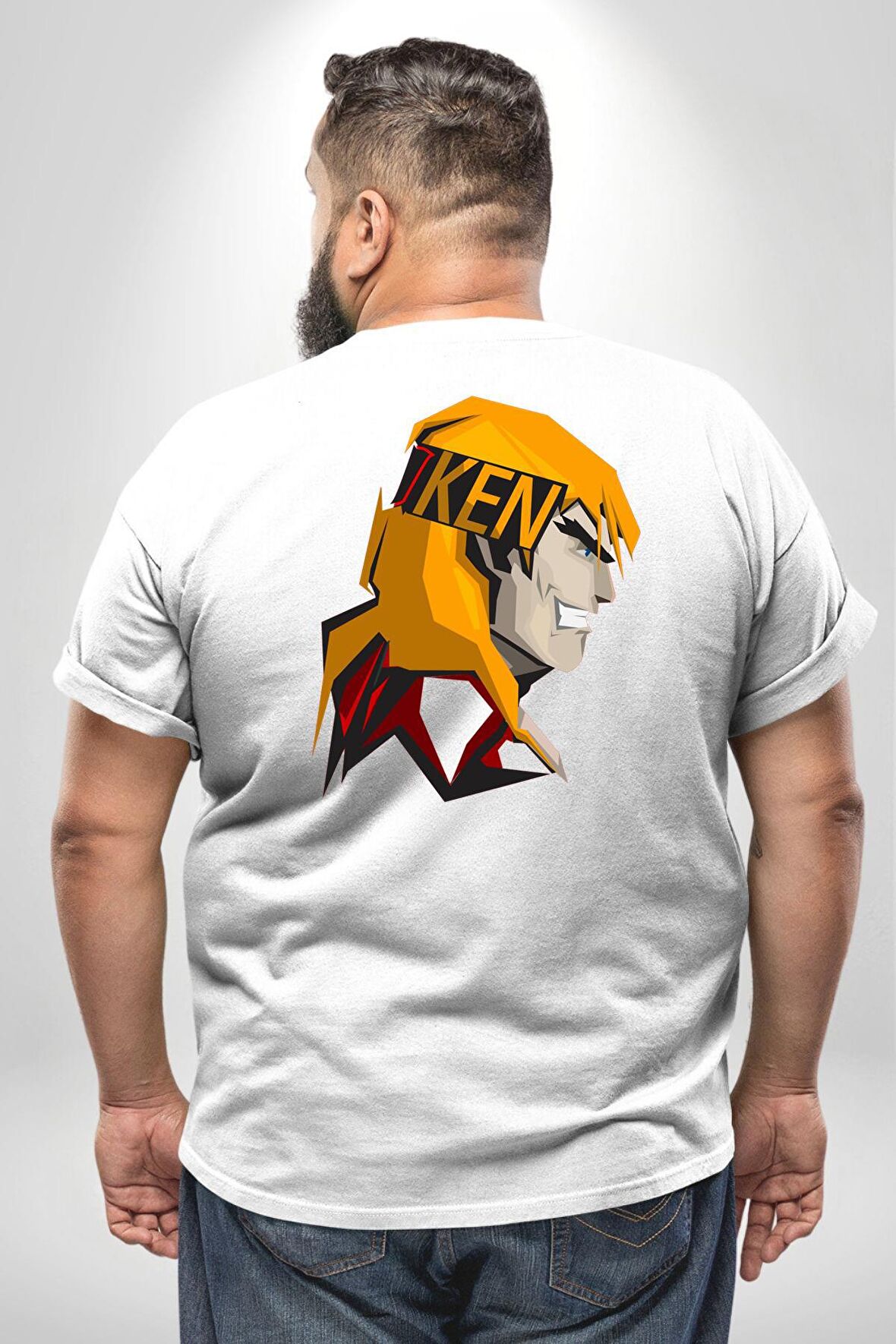 Street Fighter Ken Masters Kareteci Büyük Beden Beyaz Tişört Kadın Erkek Ünisex Sırt Baskılı