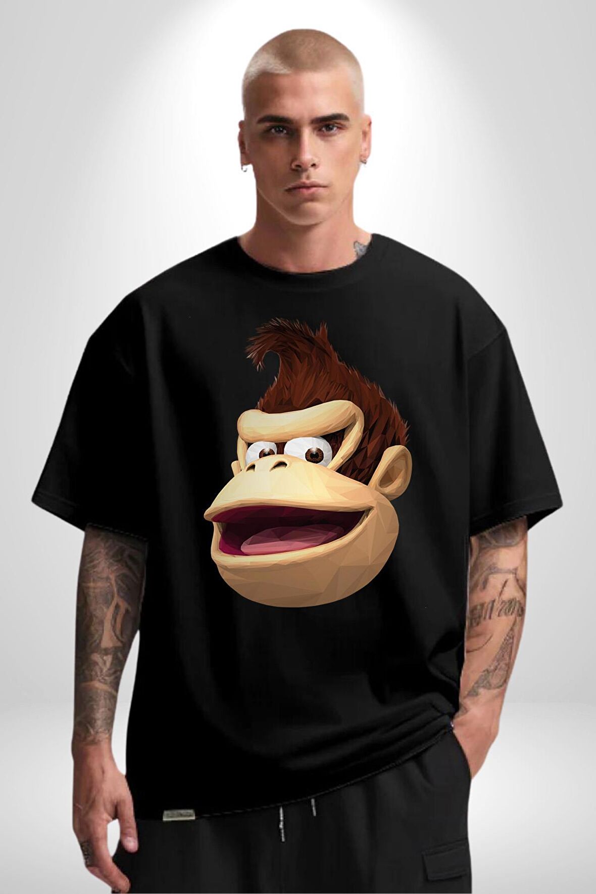 Maymun Krallığı Pamuklu Bisiklet Yaka Kadın Erkek Oversize Boyfriend Dijital Baskılı Siyah T-shirt