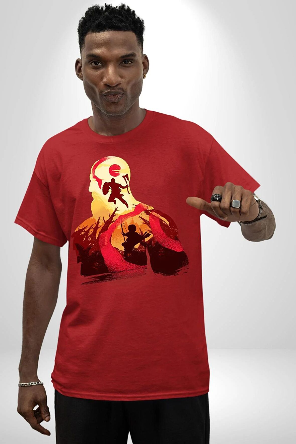 God Of War Kratos Oyun Pamuklu Bisiklet Yaka Kadın Erkek Oversize Boyfriend Dijital Baskılı Kırmızı T-shirt