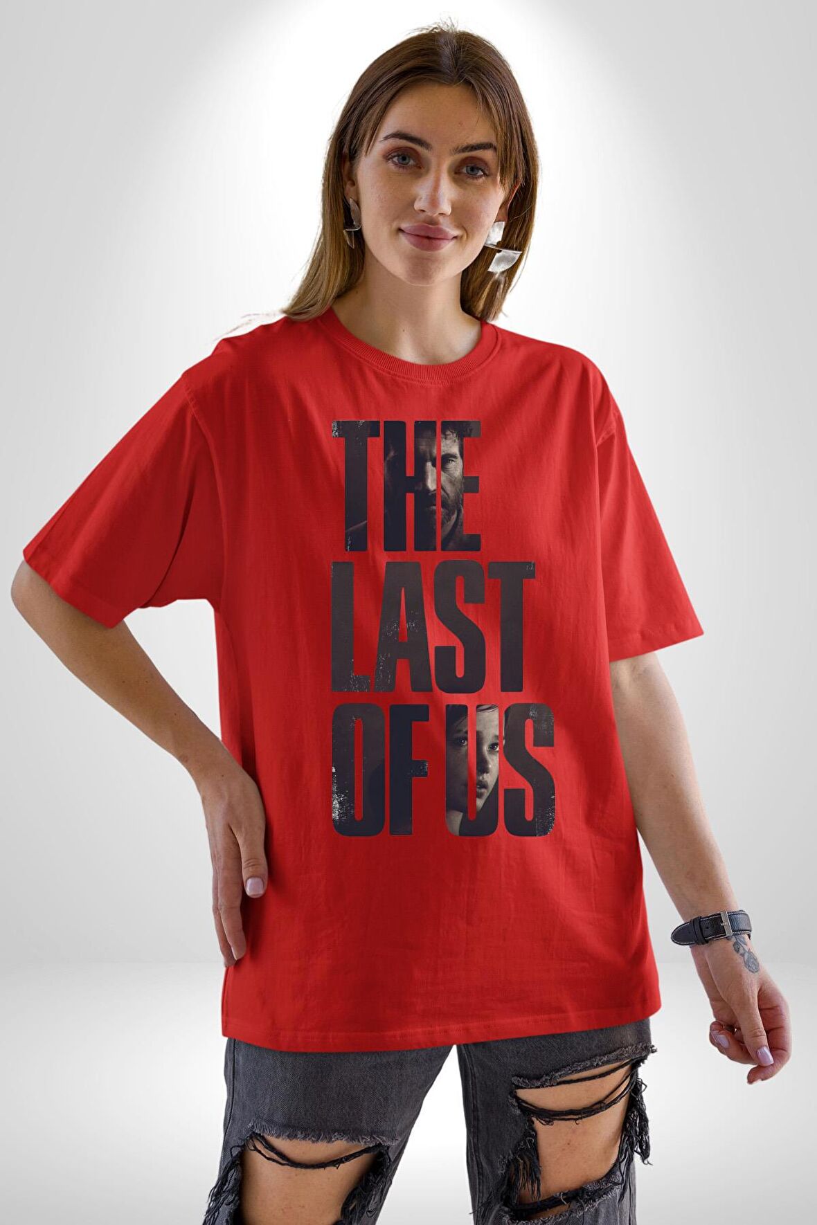 The Las Of Us Dizi Serisi Pamuklu Bisiklet Yaka Kadın Erkek Oversize Boyfriend Dijital Baskılı Kırmızı T-shirt