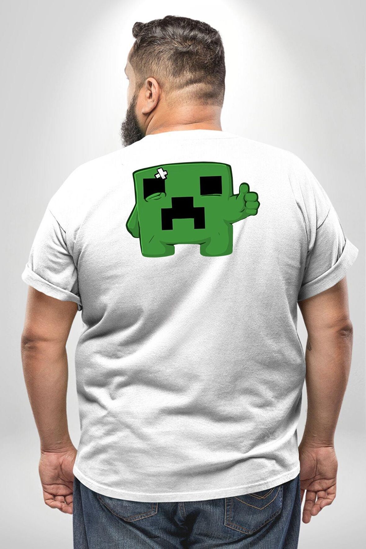 Minecraft Creeper Büyük Beden Beyaz Tişört Kadın Erkek Ünisex Sırt Baskılı