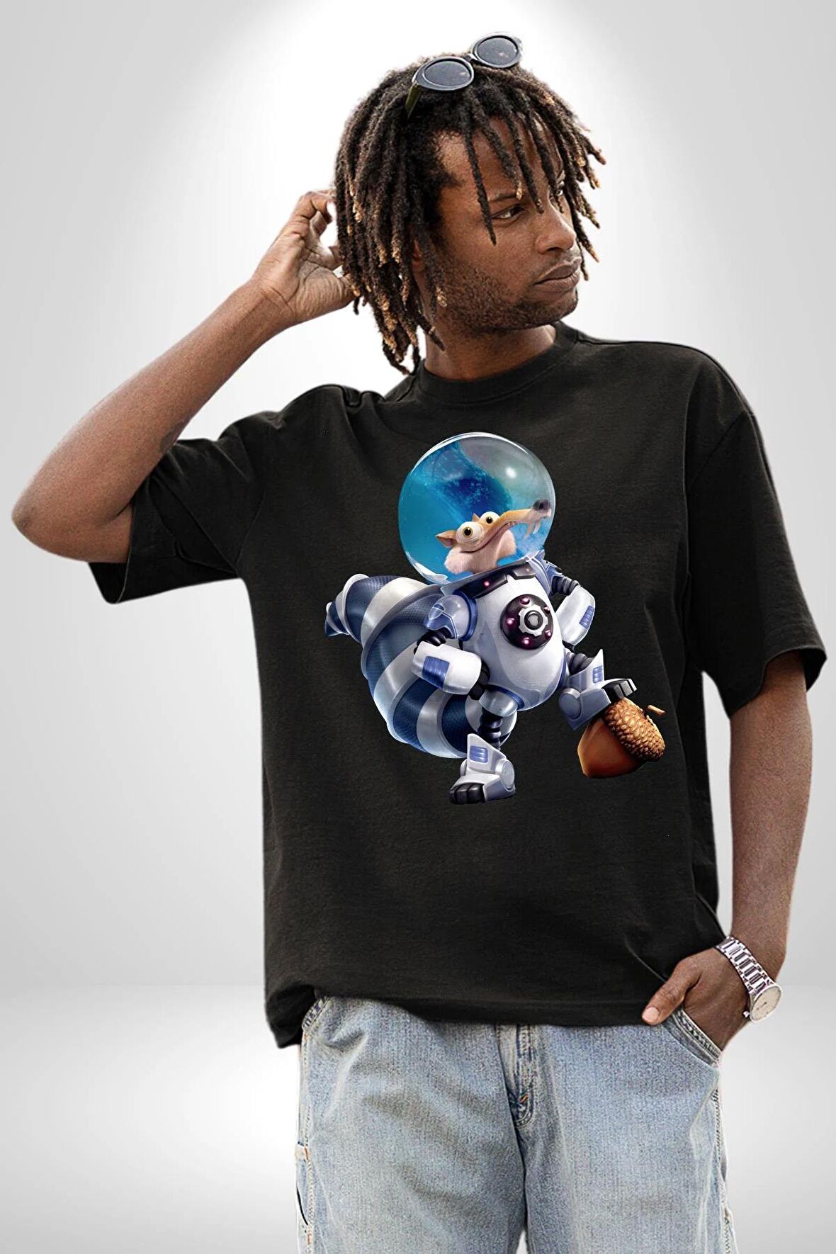 Buz Devri Scrat Astronot Pamuklu Bisiklet Yaka Kadın Erkek Oversize Boyfriend Dijital Baskılı Siyah T-shirt