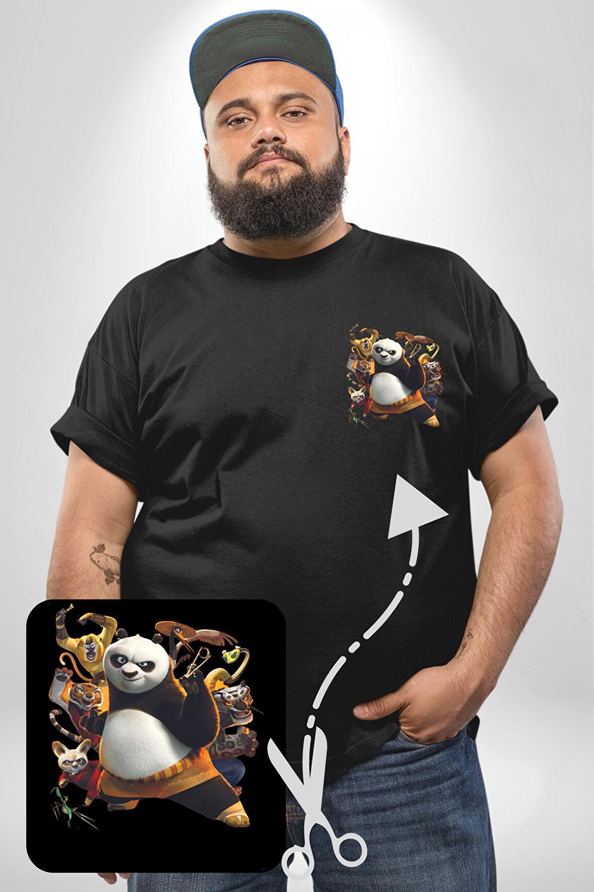 Kung Fu Panda Siyah Büyük Beden Kadın Basic Minimal Baskılı Tişört