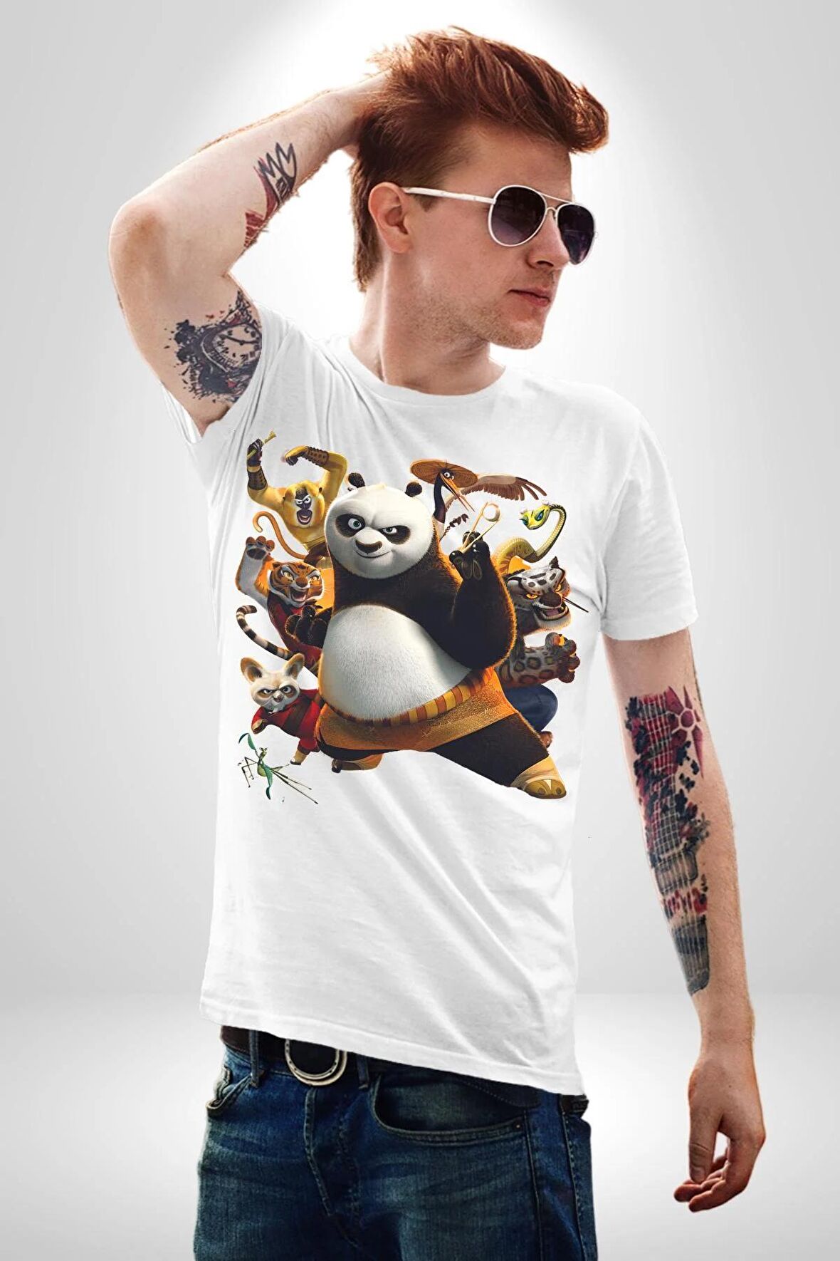 Kung Fu Panda Kadın Erkek Unisex Beyaz Organik Baskılı T-Shirt Penye Yüksek Kalite