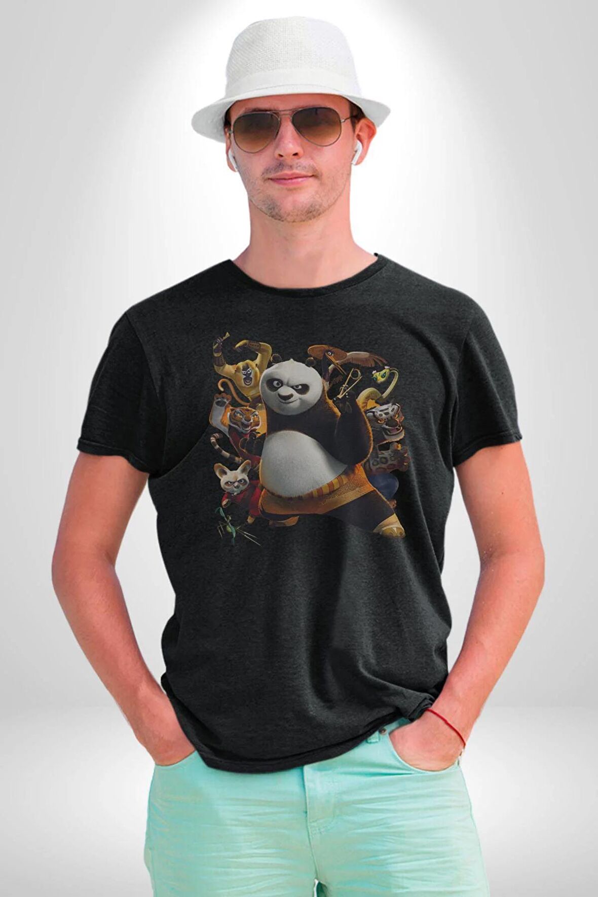 Kung Fu Panda Kadın Erkek Unisex Siyah Organik Baskılı T-Shirt Penye Yüksek Kalite