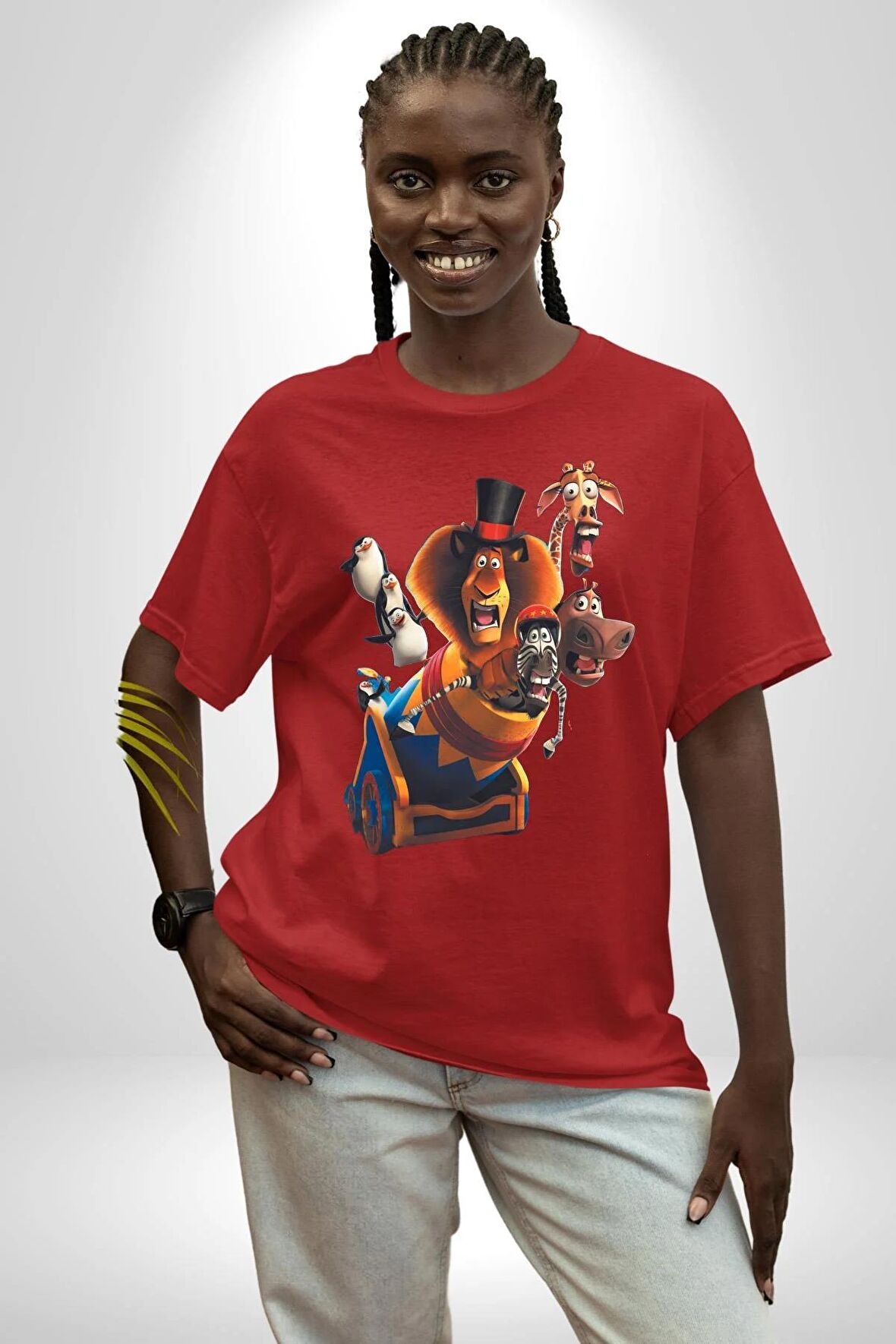 Madagaskar  Pamuklu Bisiklet Yaka Kadın Erkek Oversize Boyfriend Dijital Baskılı Kırmızı T-shirt