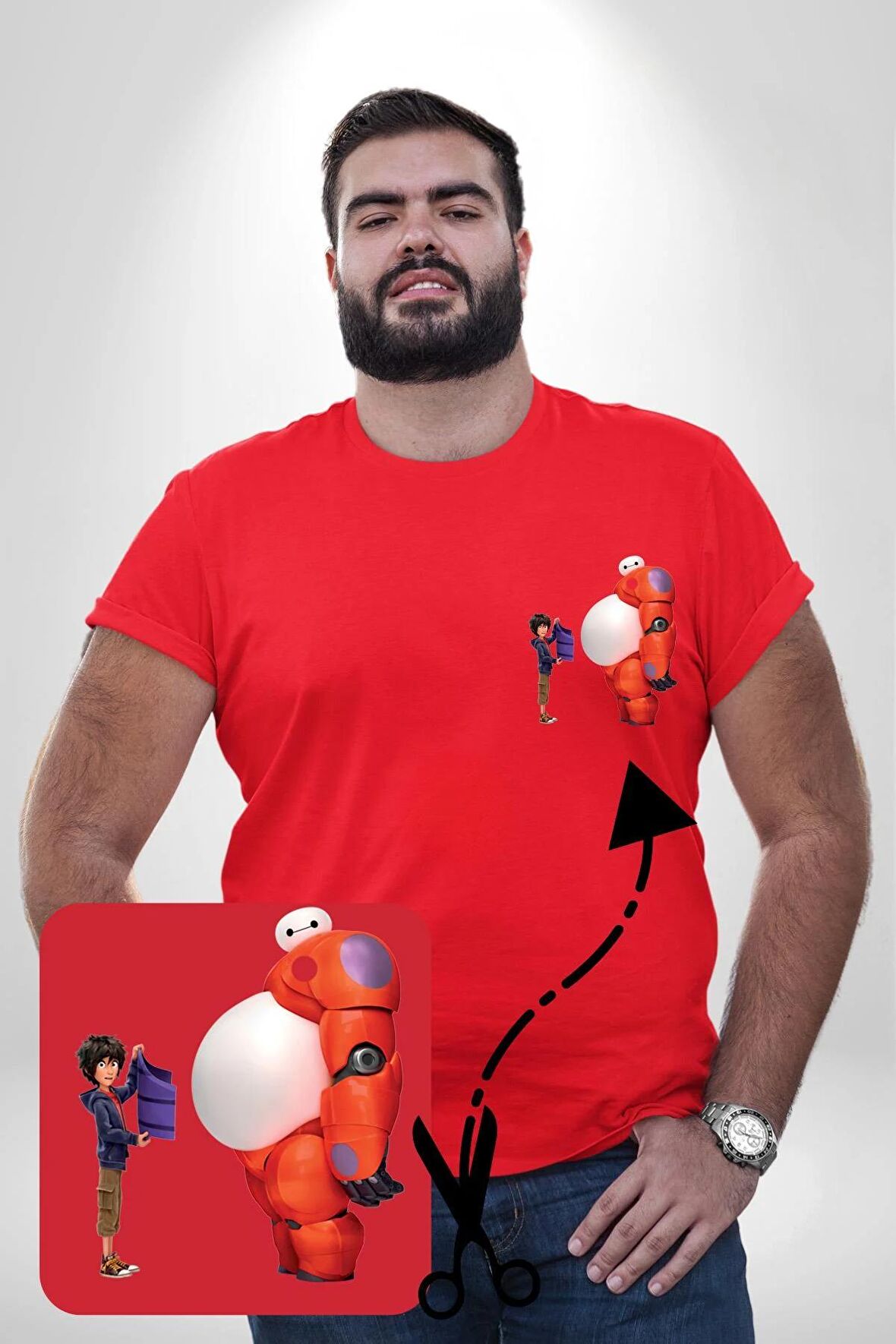 Süper Kahraman Big Hero Kırmızı Büyük Beden Kadın Basic Minimal Baskılı Tişört