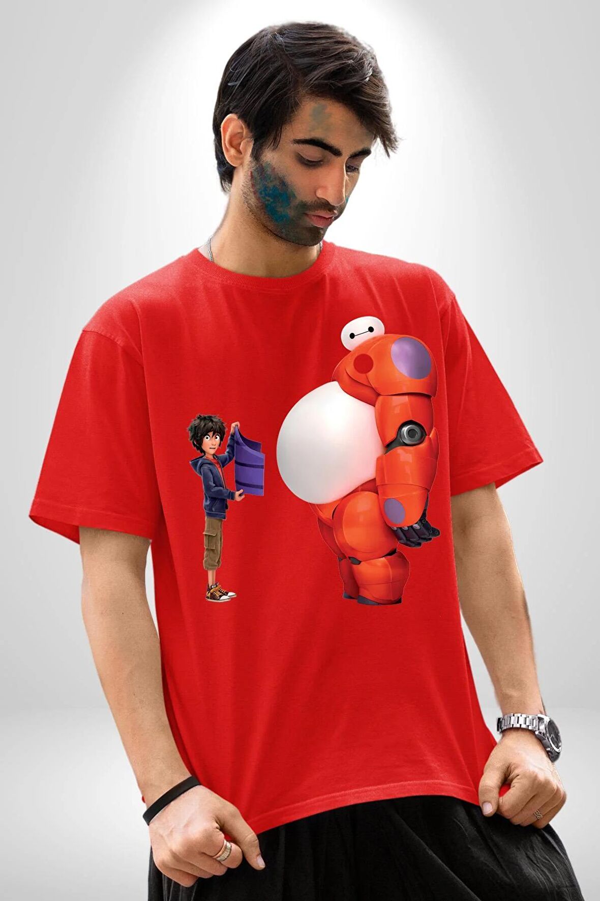 Süper Kahraman Big Hero Pamuklu Bisiklet Yaka Kadın Erkek Oversize Boyfriend Dijital Baskılı Kırmızı T-shirt