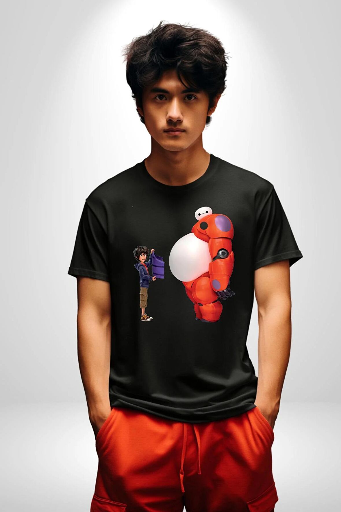 Süper Kahraman Big Hero Kadın Erkek Unisex Siyah Organik Baskılı T-Shirt Penye Yüksek Kalite