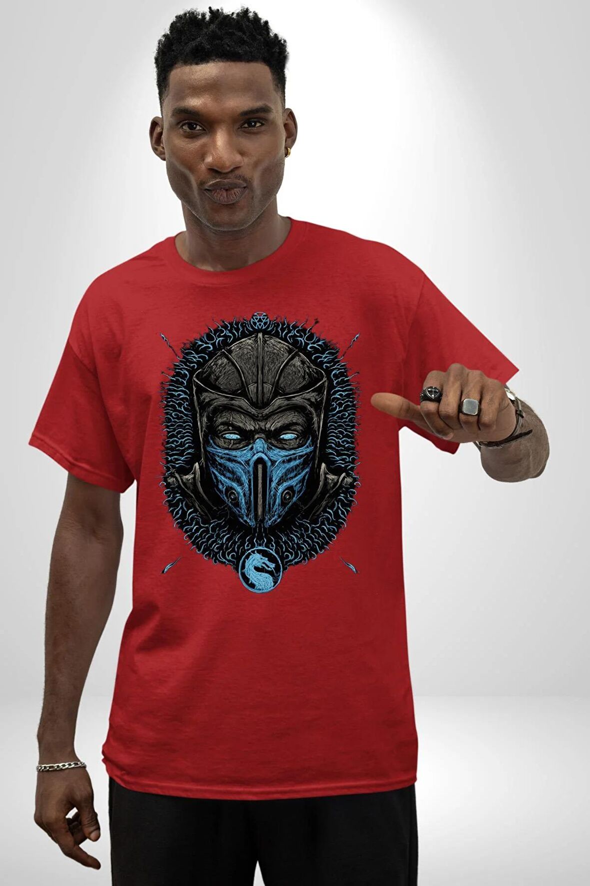 Mortal Kombat Sub-Zero  Pamuklu Bisiklet Yaka Kadın Erkek Oversize Boyfriend Dijital Baskılı Kırmızı T-shirt