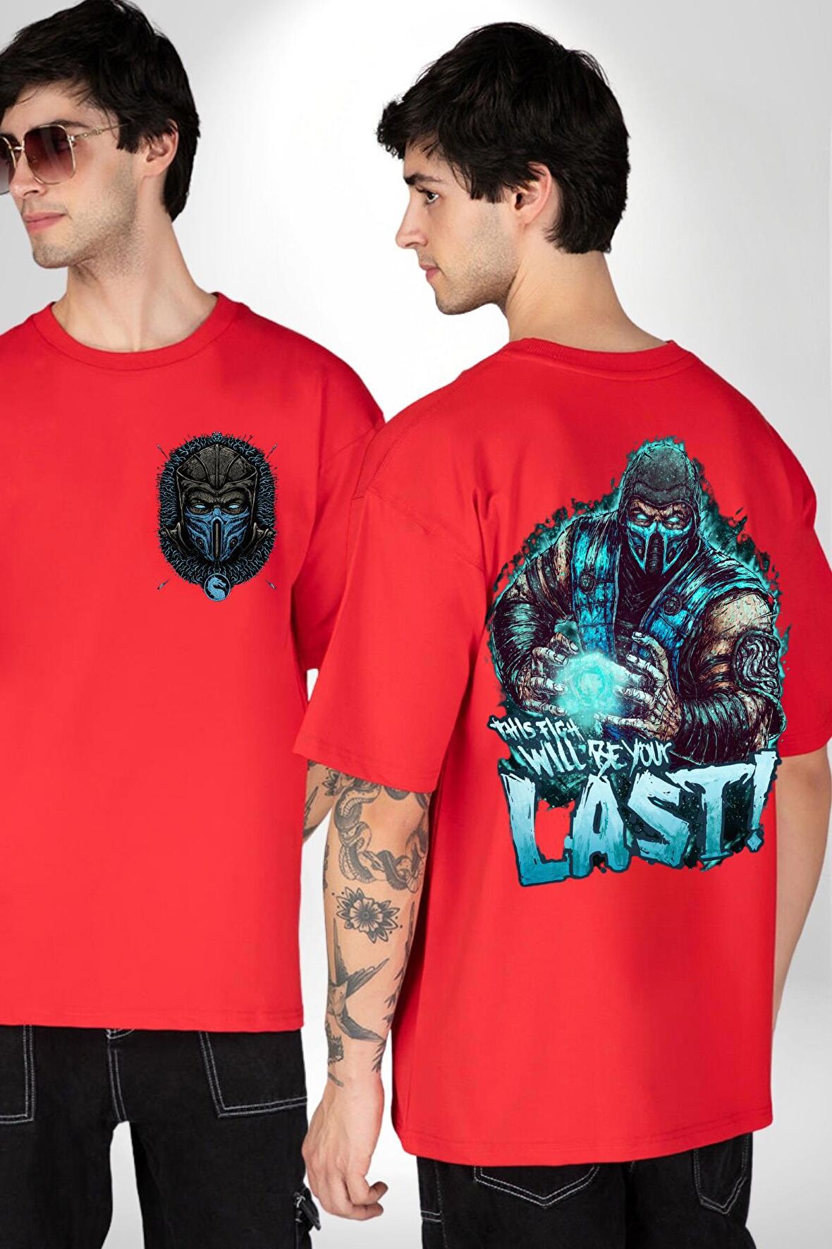 Sub Zero Mortal Kombat Bu Kavga Senin Sonun Olacak Kırmızı Oversize Kadın Erkek Ön ve Sırt Baskılı Tişört