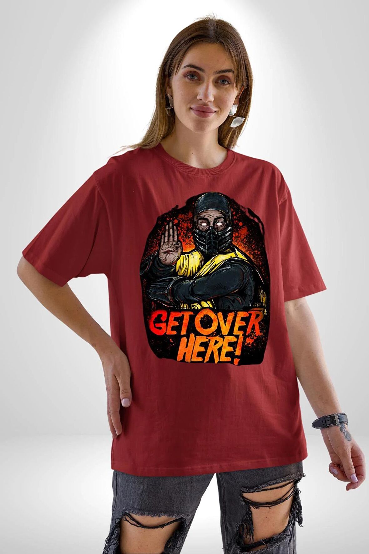 Mortal Kombat Scorpion Buraya Gel Pamuklu Bisiklet Yaka Kadın Erkek Oversize Boyfriend Dijital Baskılı Kırmızı T-shirt