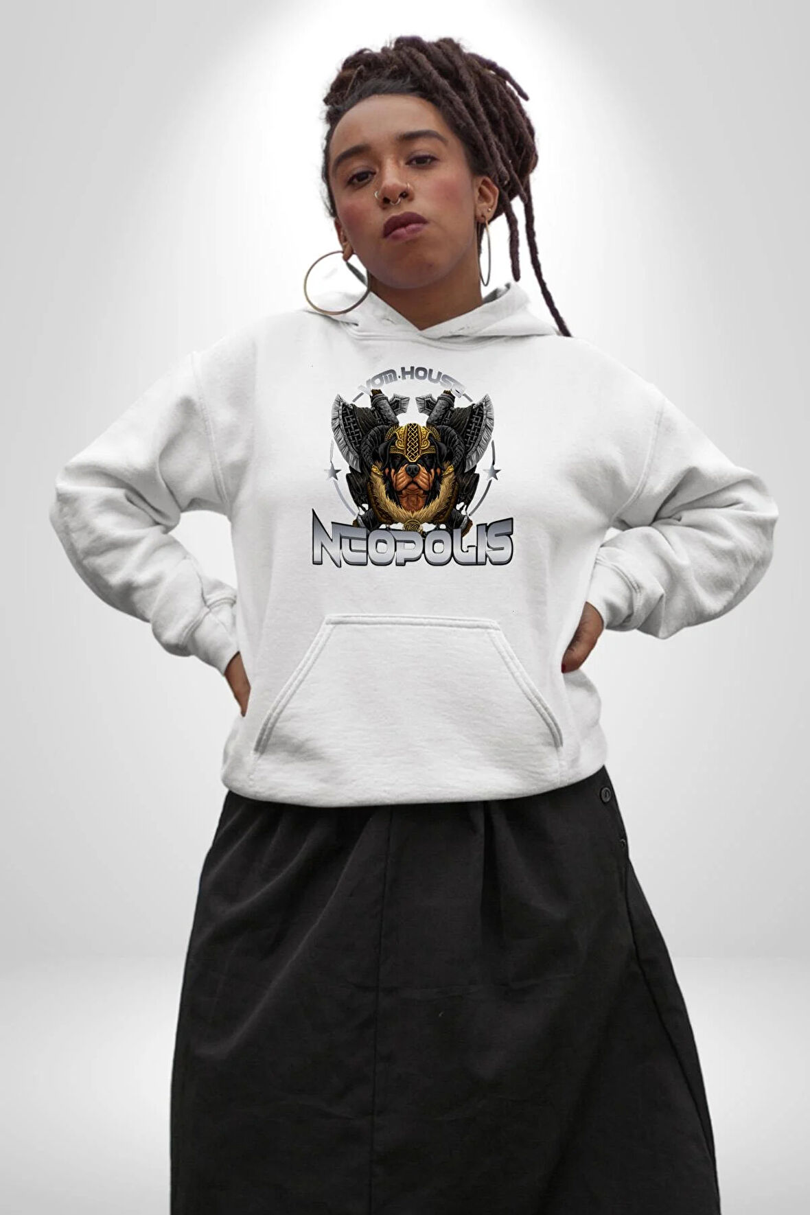 Neopolis Rottweiler Viking Kadın Erkek  Beyaz Kapüşonlu Sweatshirt Hoodie