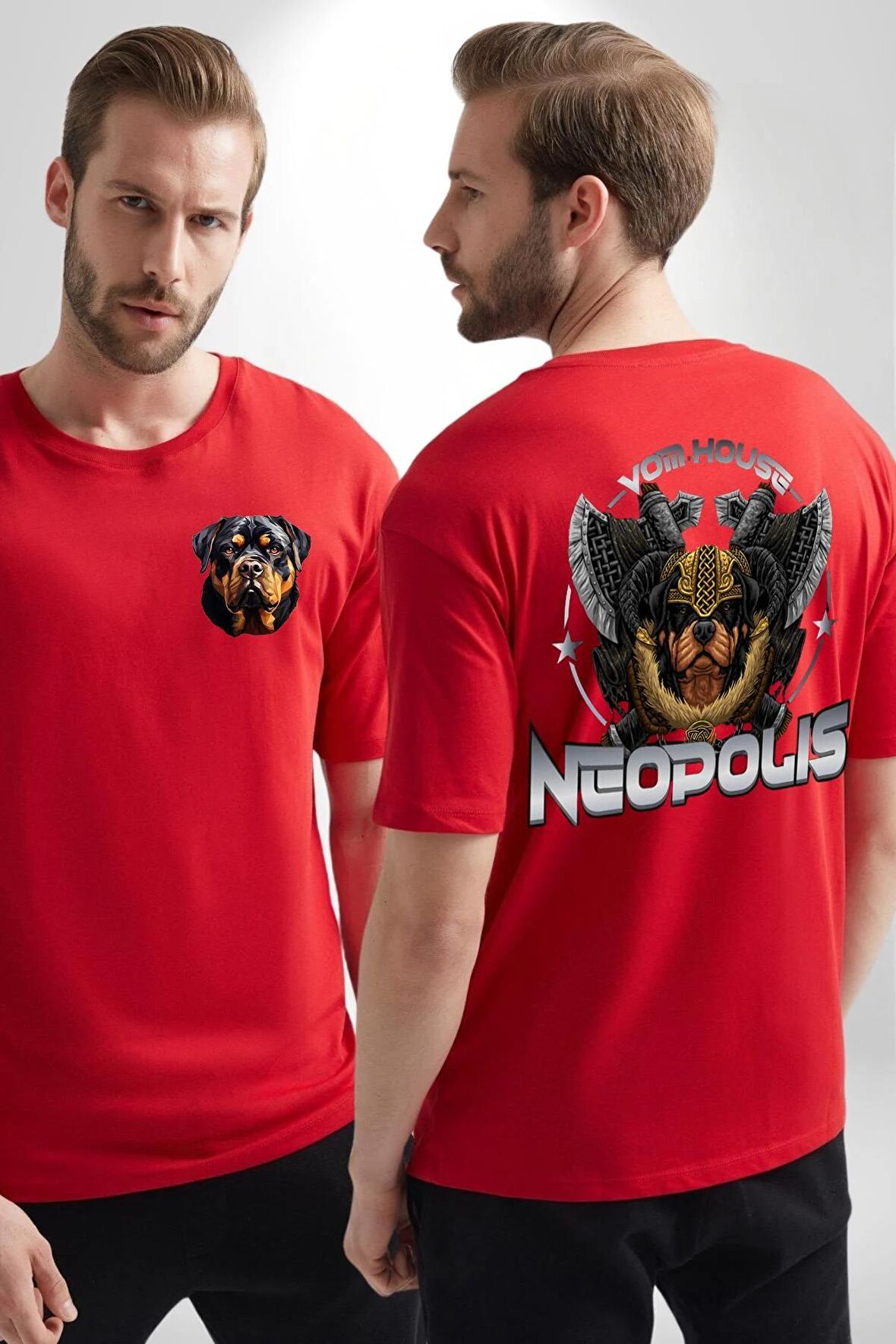 Neopolis Rottweiler Viking Kırmızı Oversize Kadın Erkek Ön ve Sırt Baskılı Tişört