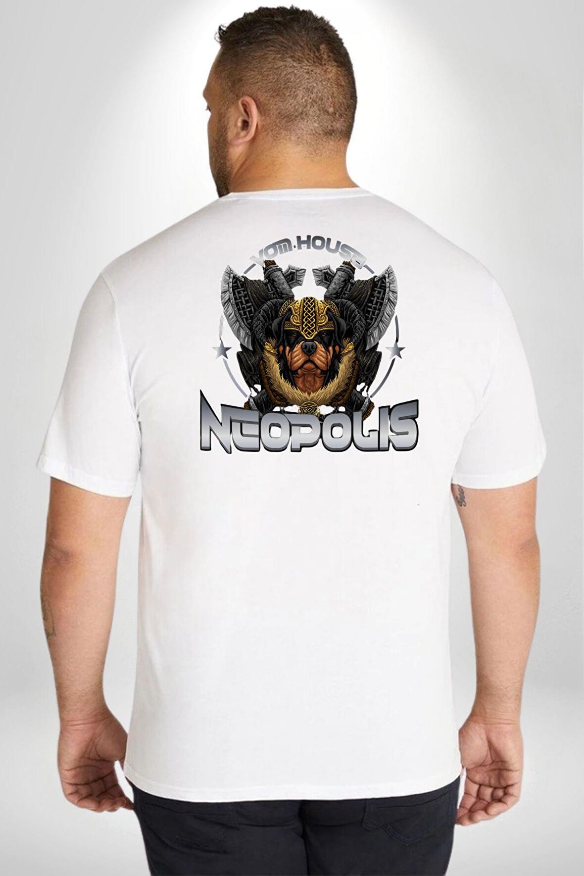 Neopolis Rottweiler Viking Büyük Beden Beyaz Tişört Kadın Erkek Ünisex Sırt Baskılı