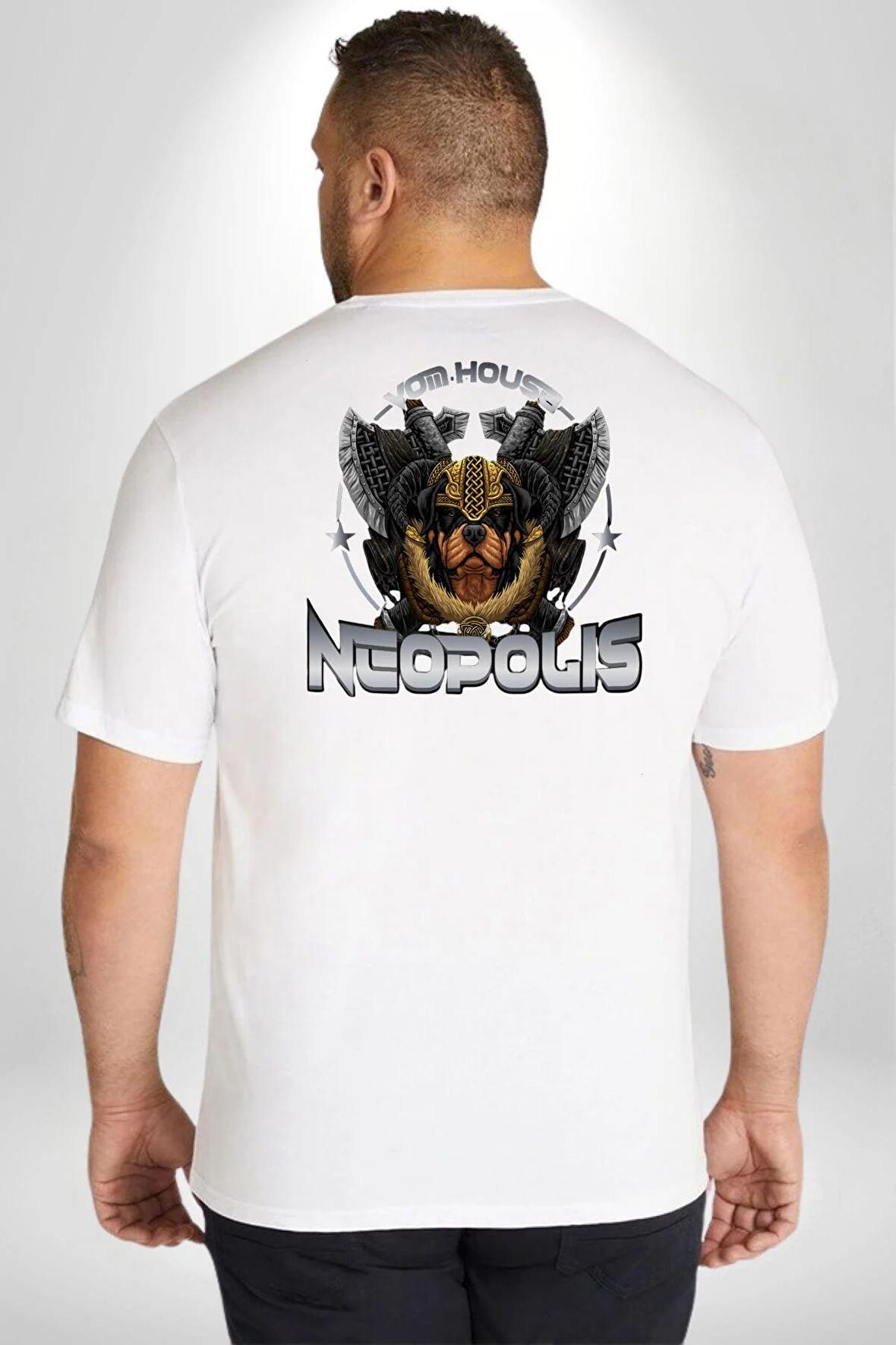 Neopolis Rottweiler Viking Büyük Beden Beyaz Tişört Kadın Erkek Ünisex Sırt Baskılı
