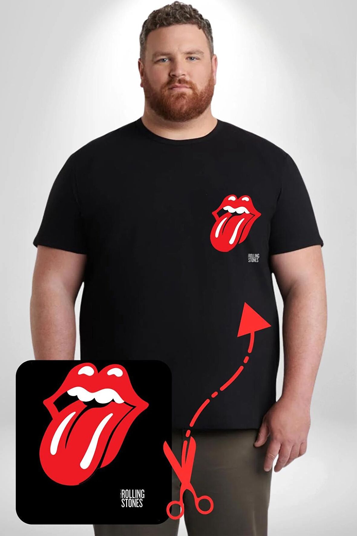 Roling Stones Siyah Büyük Beden Kadın Basic Minimal Baskılı Tişört