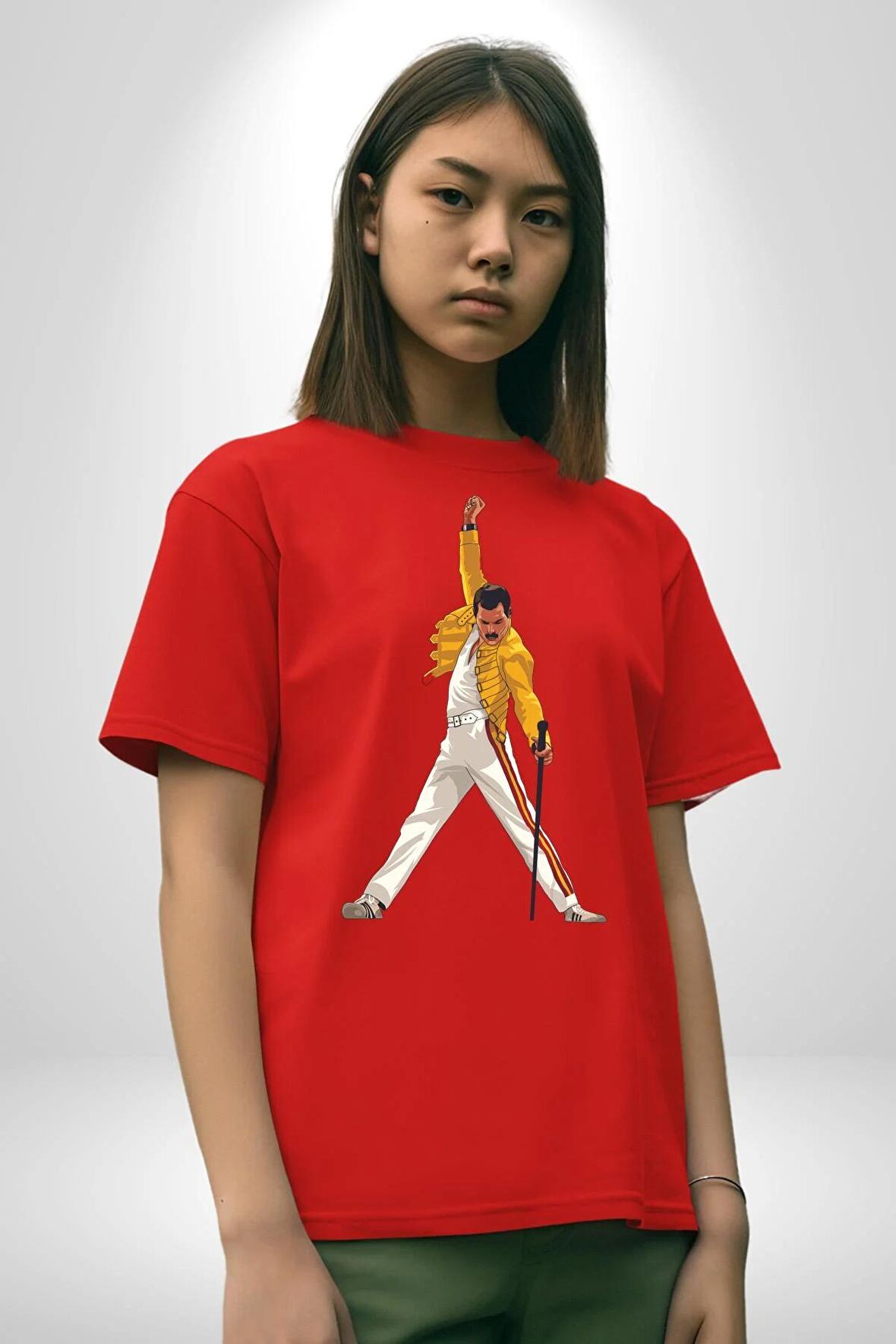 Queen Freddie Mercury  Pamuklu Bisiklet Yaka Kadın Erkek Oversize Boyfriend Dijital Baskılı Kırmızı T-shirt