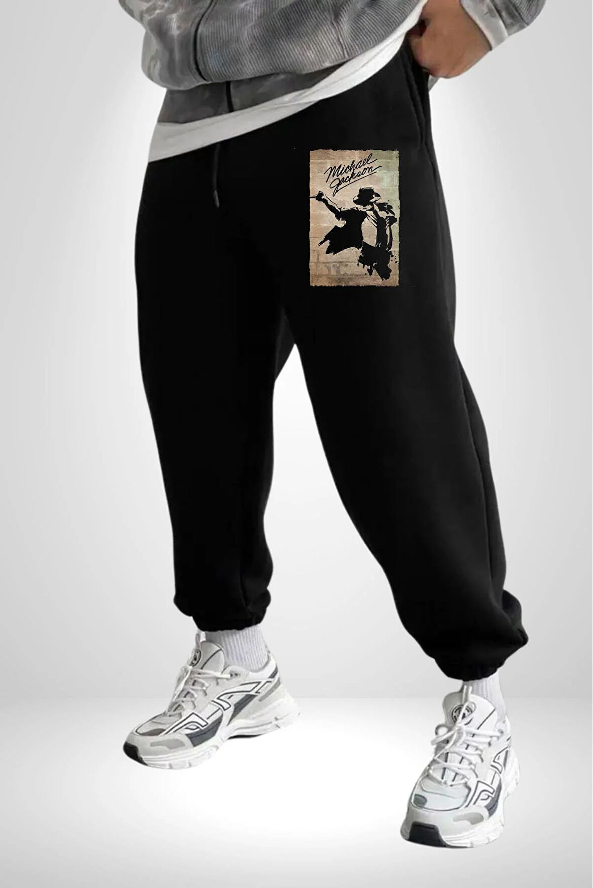 Michael Jackson  3 İplik Erkek Baskılı Siyah Eşofman Altı