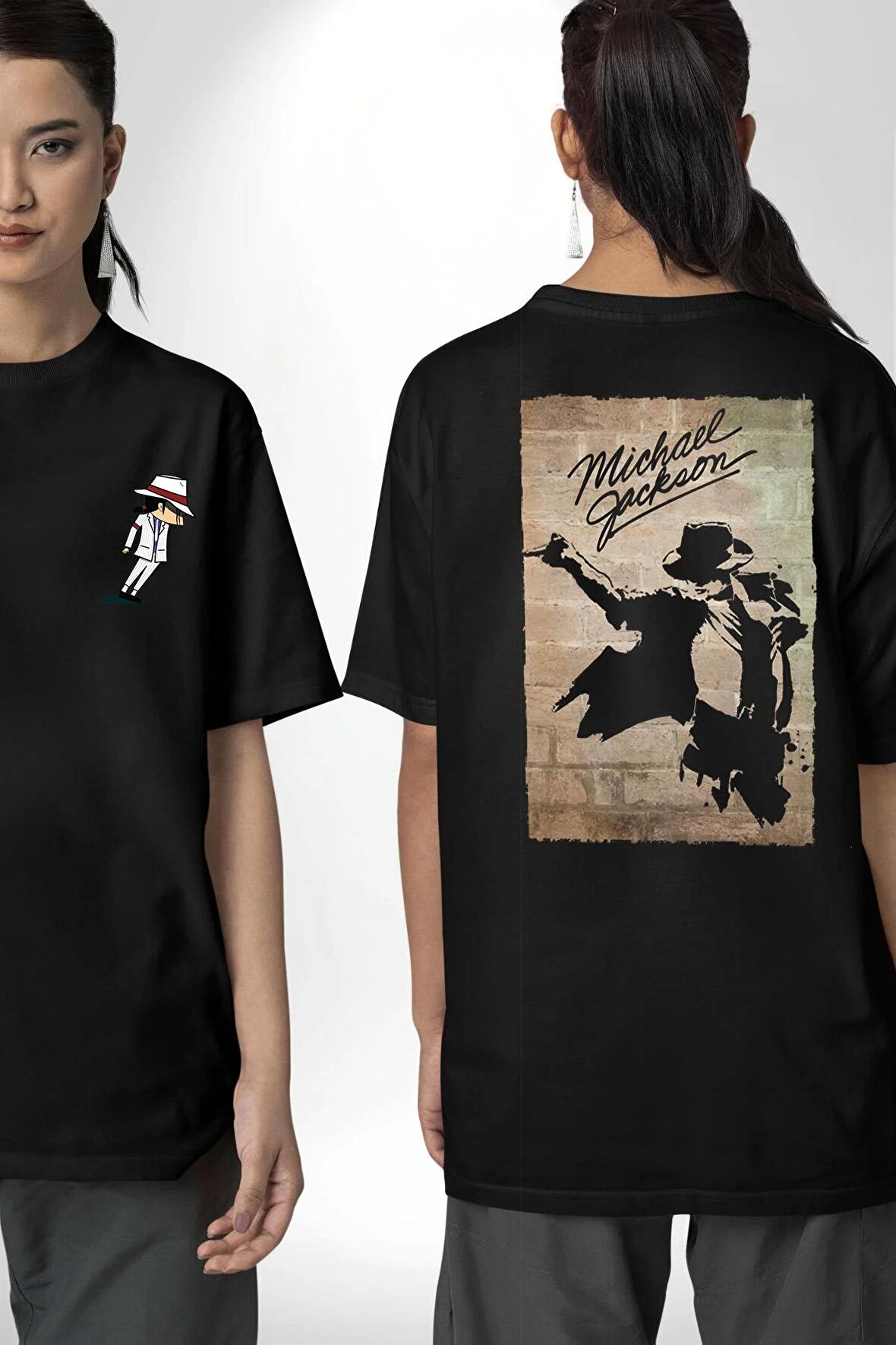 Michael Jackson  Siyah Oversize Kadın Erkek Ön ve Sırt Baskılı Tişört