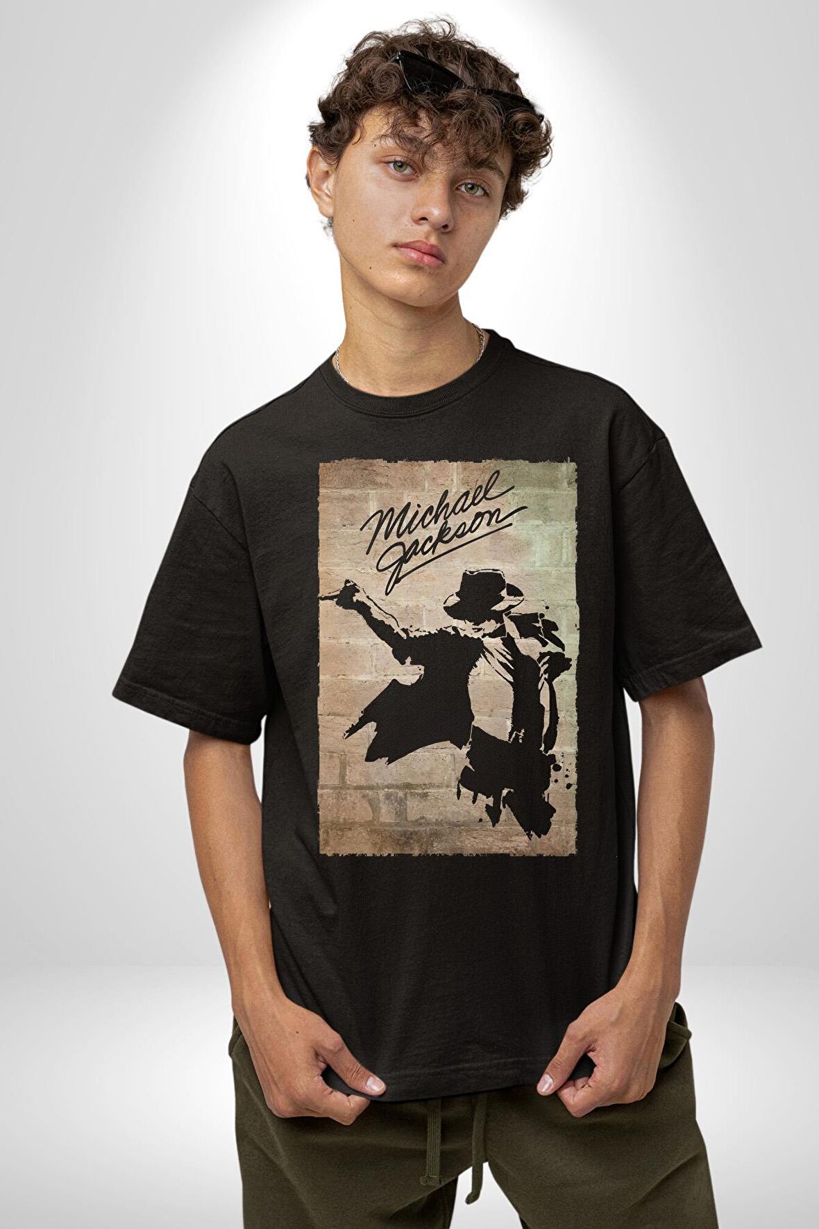Michael Jackson  Pamuklu Bisiklet Yaka Kadın Erkek Oversize Boyfriend Dijital Baskılı Siyah T-shirt