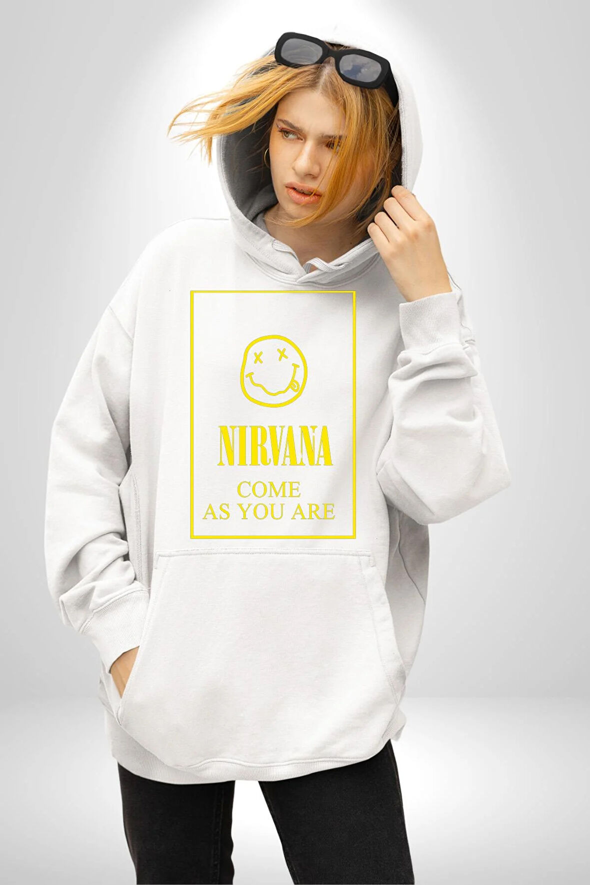 Nirvana Müzik Grubu Kadın Erkek  Beyaz Kapüşonlu Sweatshirt Hoodie