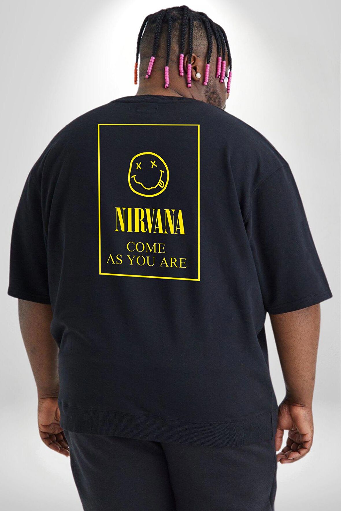 Nirvana Müzik Grubu Büyük Beden Siyah Tişört Kadın Erkek Ünisex Sırt Baskılı