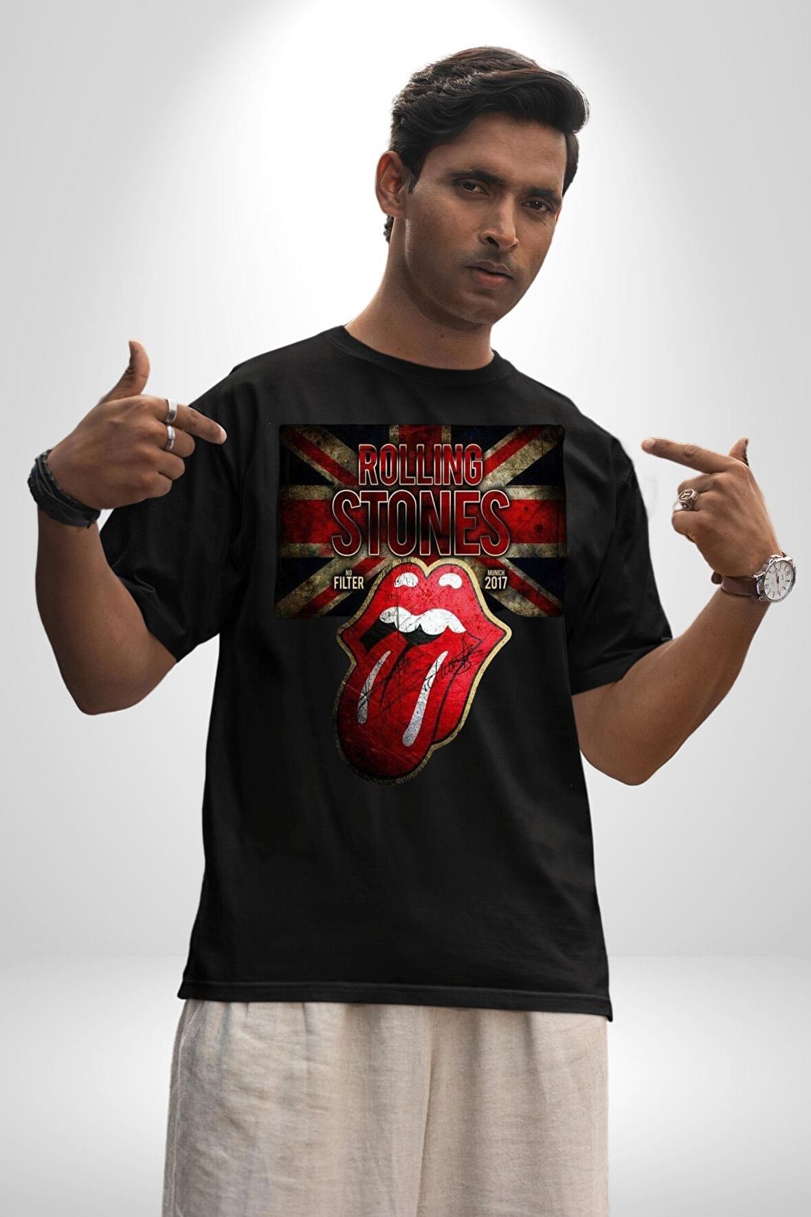 Roling Stones Pamuklu Bisiklet Yaka Kadın Erkek Oversize Boyfriend Dijital Baskılı Siyah T-shirt
