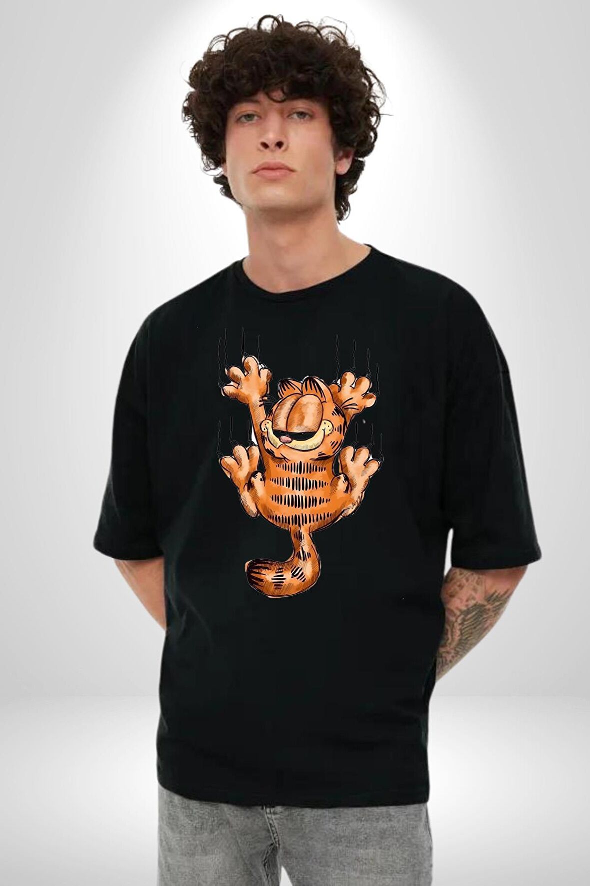 Yaramaz Kedi Garfiel Tırmalama Pamuklu Bisiklet Yaka Kadın Erkek Oversize Boyfriend Dijital Baskılı Siyah T-shirt