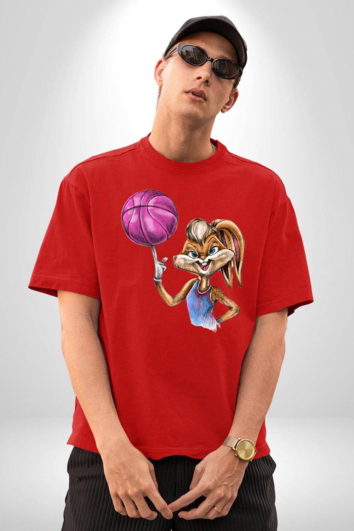 Basketbol Tavşan Lola Bunny  Pamuklu Bisiklet Yaka Kadın Erkek Oversize Boyfriend Dijital Baskılı Kırmızı T-shirt
