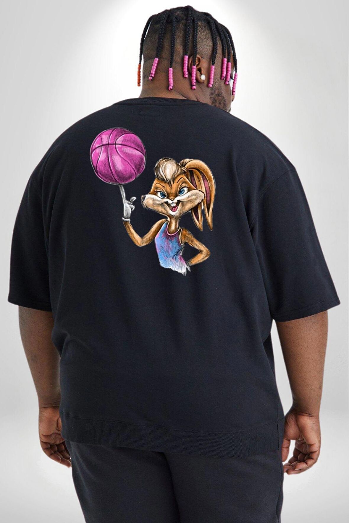 Basketbol Tavşan Lola Bunny  Büyük Beden Siyah Tişört Kadın Erkek Ünisex Sırt Baskılı