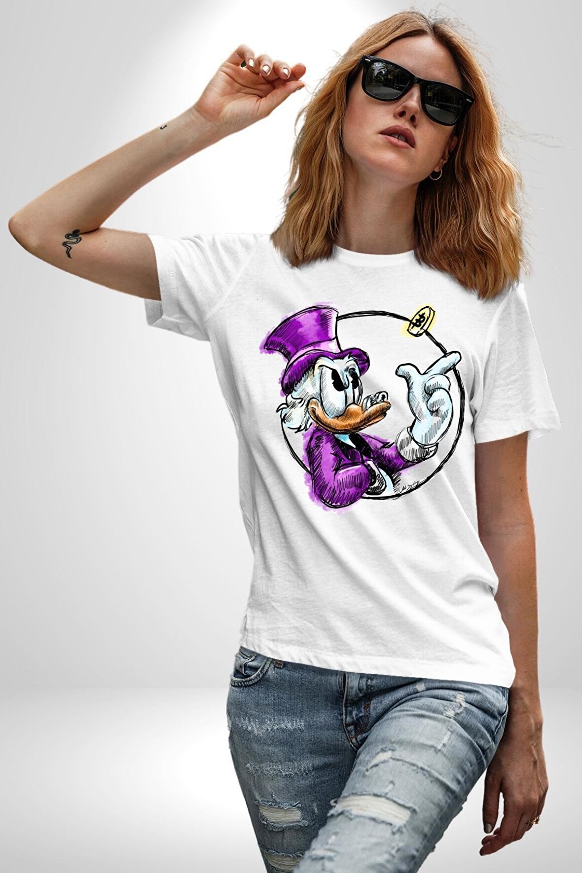 Varyemez Amca McDuck  Kadın Erkek Unisex Beyaz Organik Baskılı T-Shirt Penye Yüksek Kalite