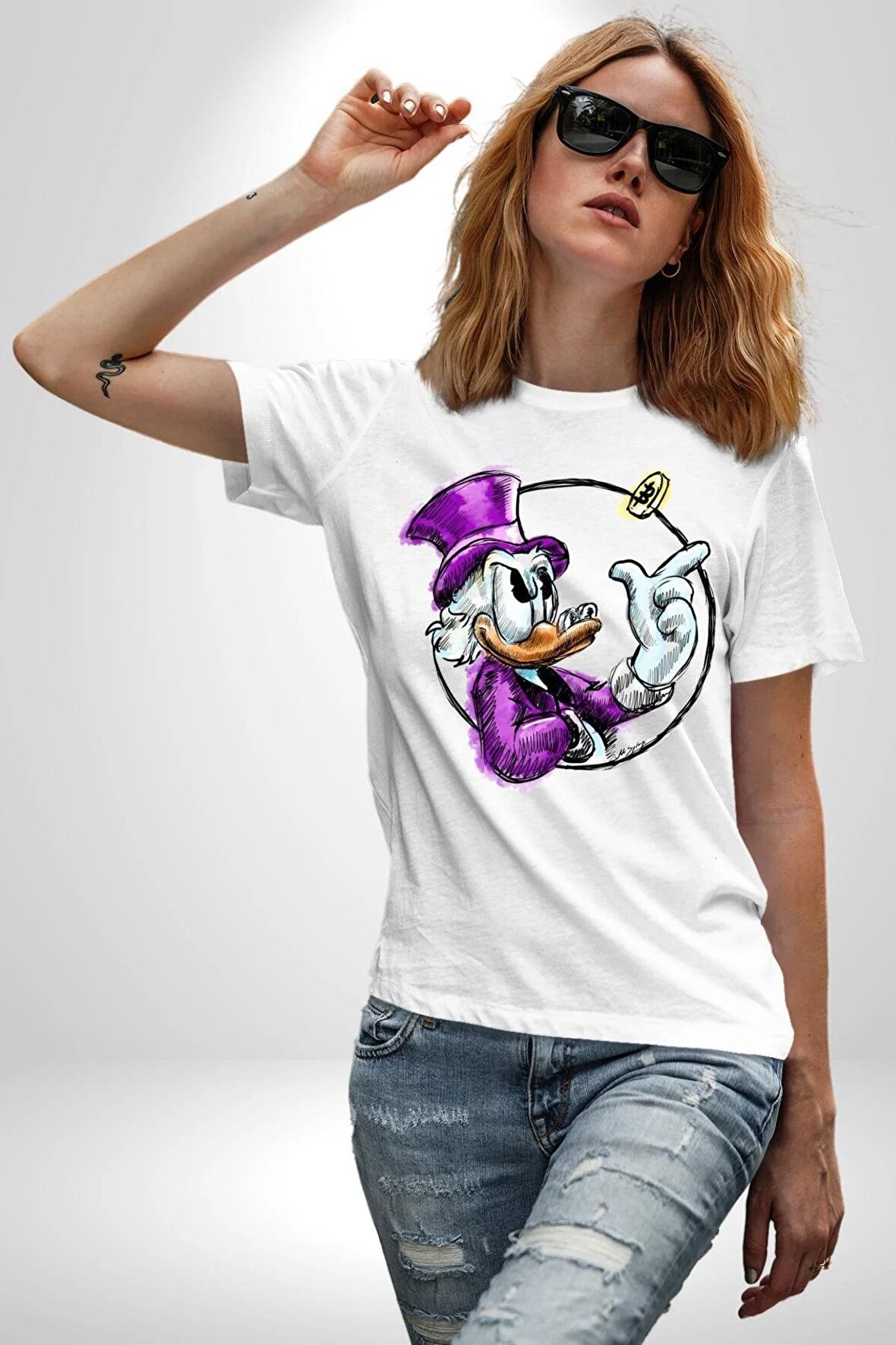 Varyemez Amca McDuck  Kadın Erkek Unisex Beyaz Organik Baskılı T-Shirt Penye Yüksek Kalite