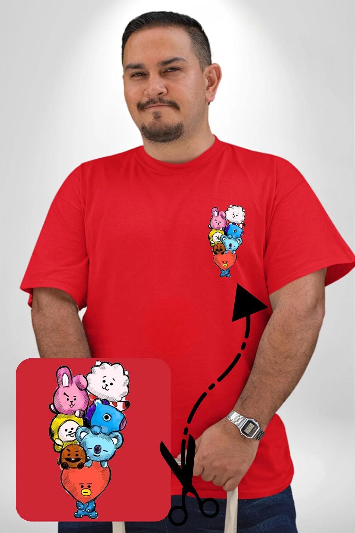 Kpop BTS BT21 Kırmızı Büyük Beden Kadın Basic Minimal Baskılı Tişört