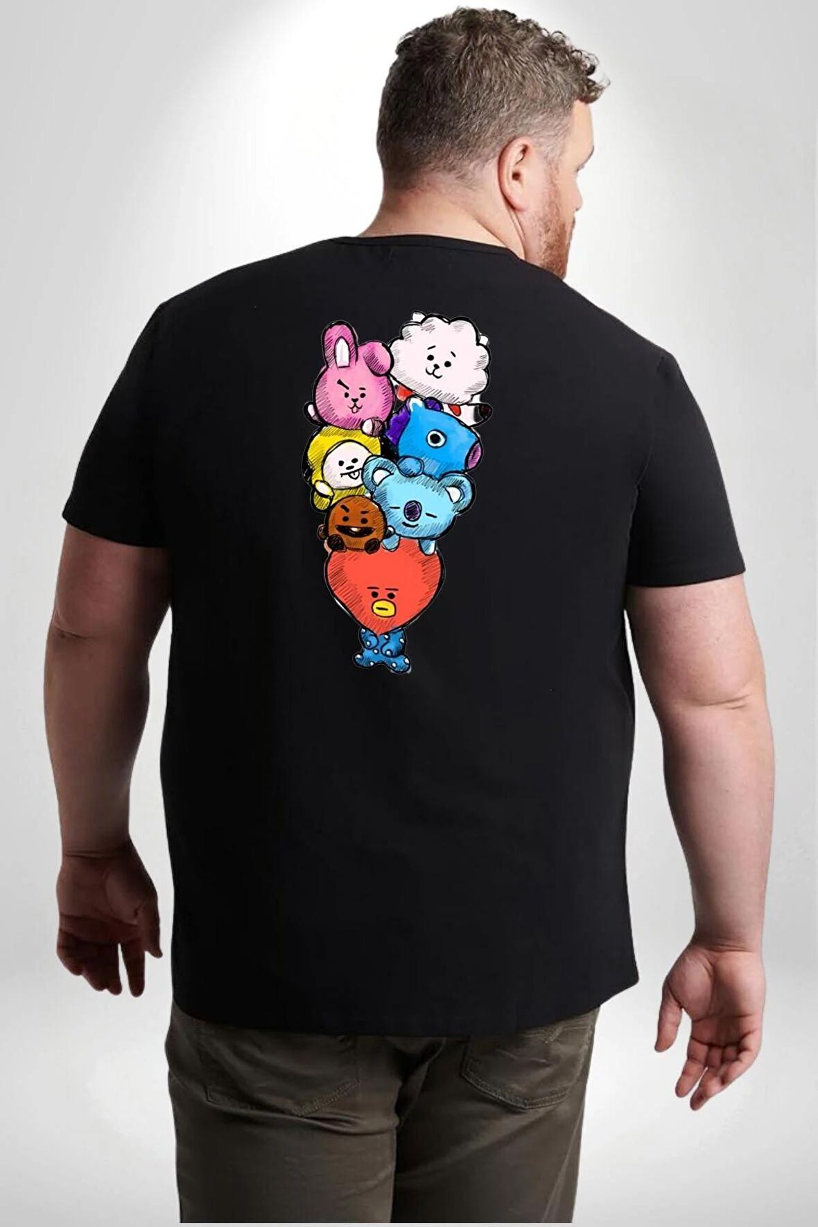 Kpop BTS BT21 Büyük Beden Siyah Tişört Kadın Erkek Ünisex Sırt Baskılı