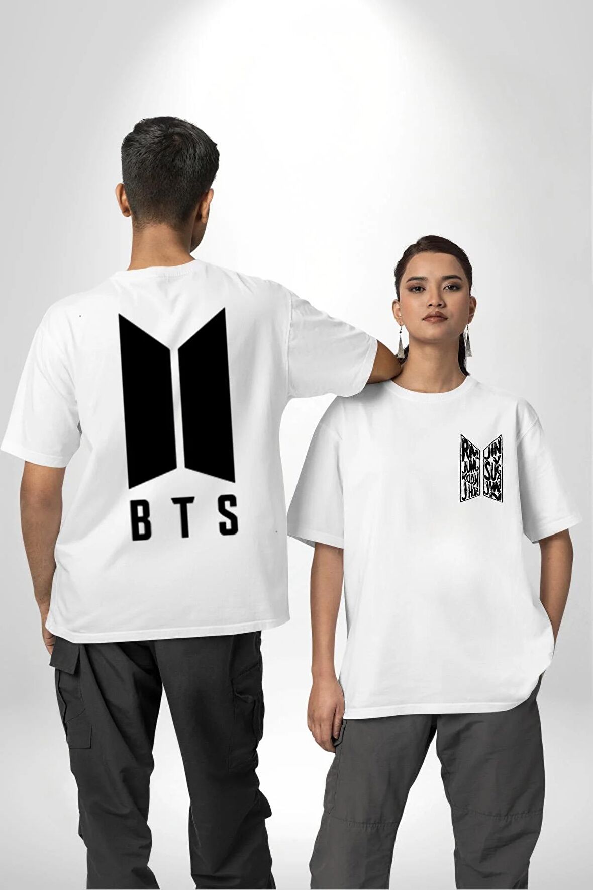 Özel Tasarım Kpop BTS  Beyaz Oversize Kadın Erkek Ön ve Sırt Baskılı Tişört