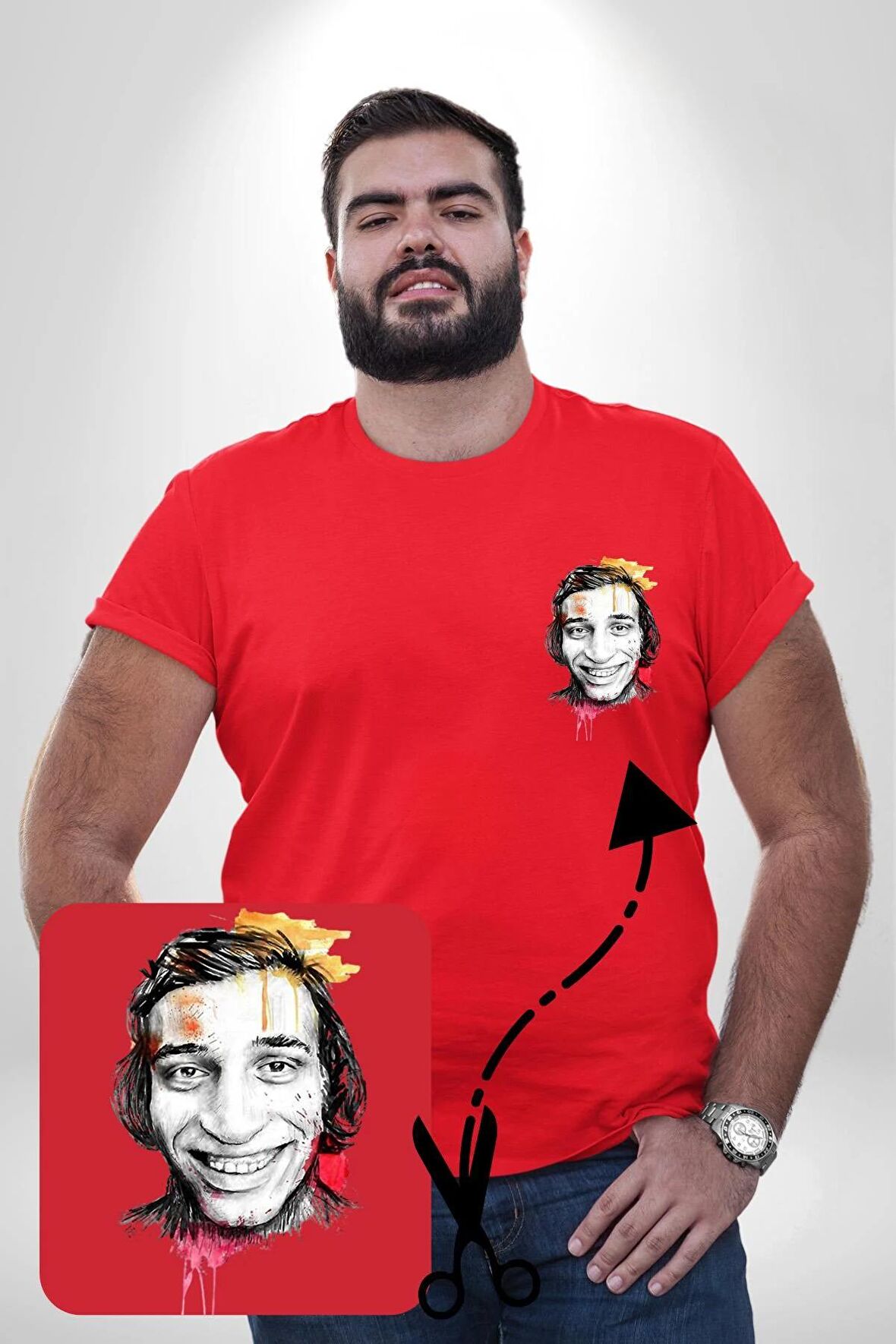 Kemal Sunal Karakalem Kırmızı Büyük Beden Kadın Basic Minimal Baskılı Tişört