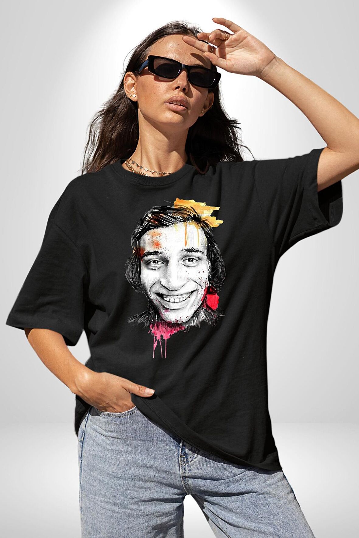 Kemal Sunal Karakalem Pamuklu Bisiklet Yaka Kadın Erkek Oversize Boyfriend Dijital Baskılı Siyah T-shirt