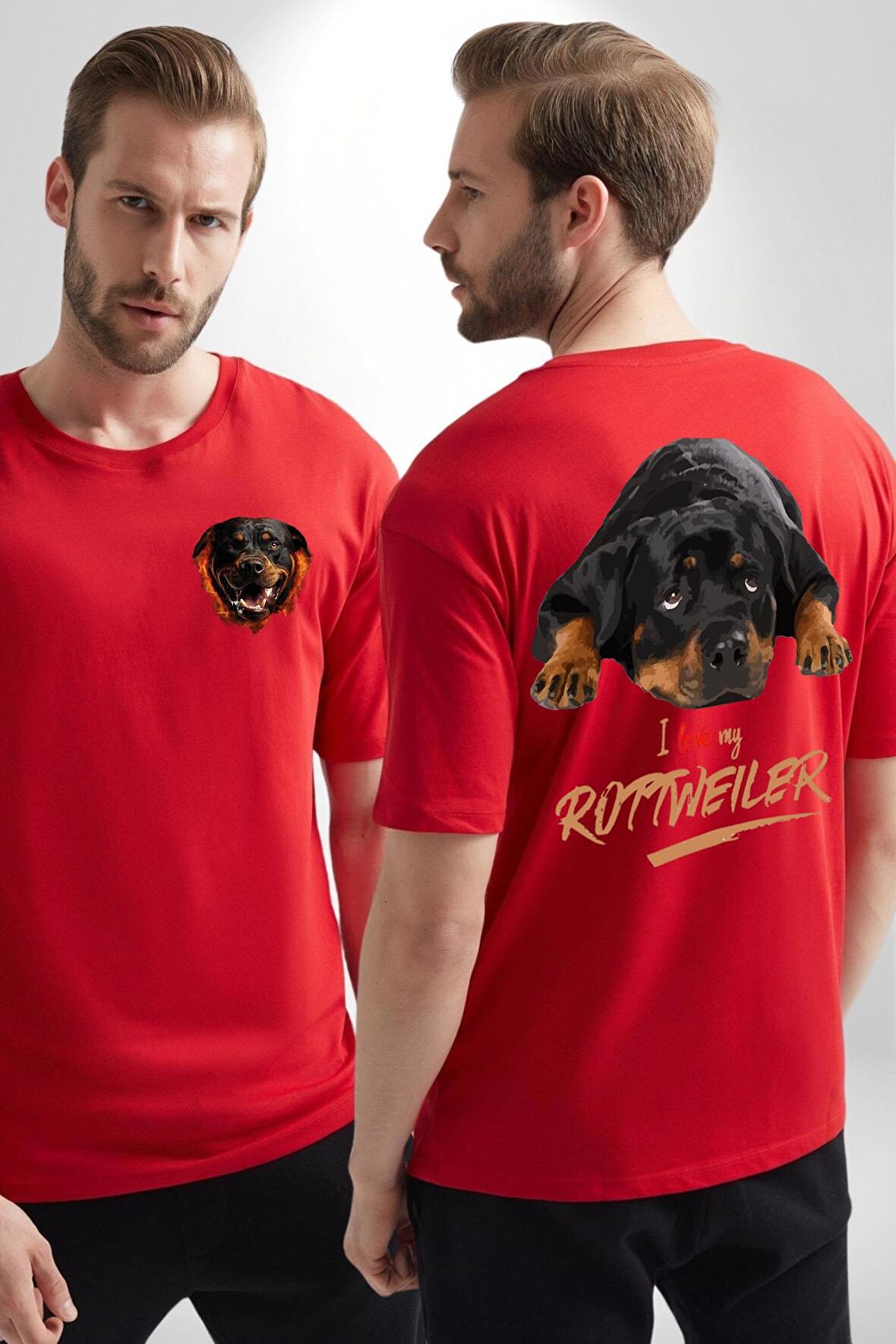 Rottweiler Sevgisi Kırmızı Oversize Kadın Erkek Ön ve Sırt Baskılı Tişört