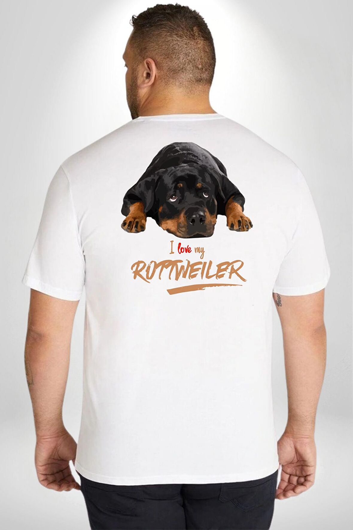 Rottweiler Sevgisi Büyük Beden Beyaz Tişört Kadın Erkek Ünisex Sırt Baskılı