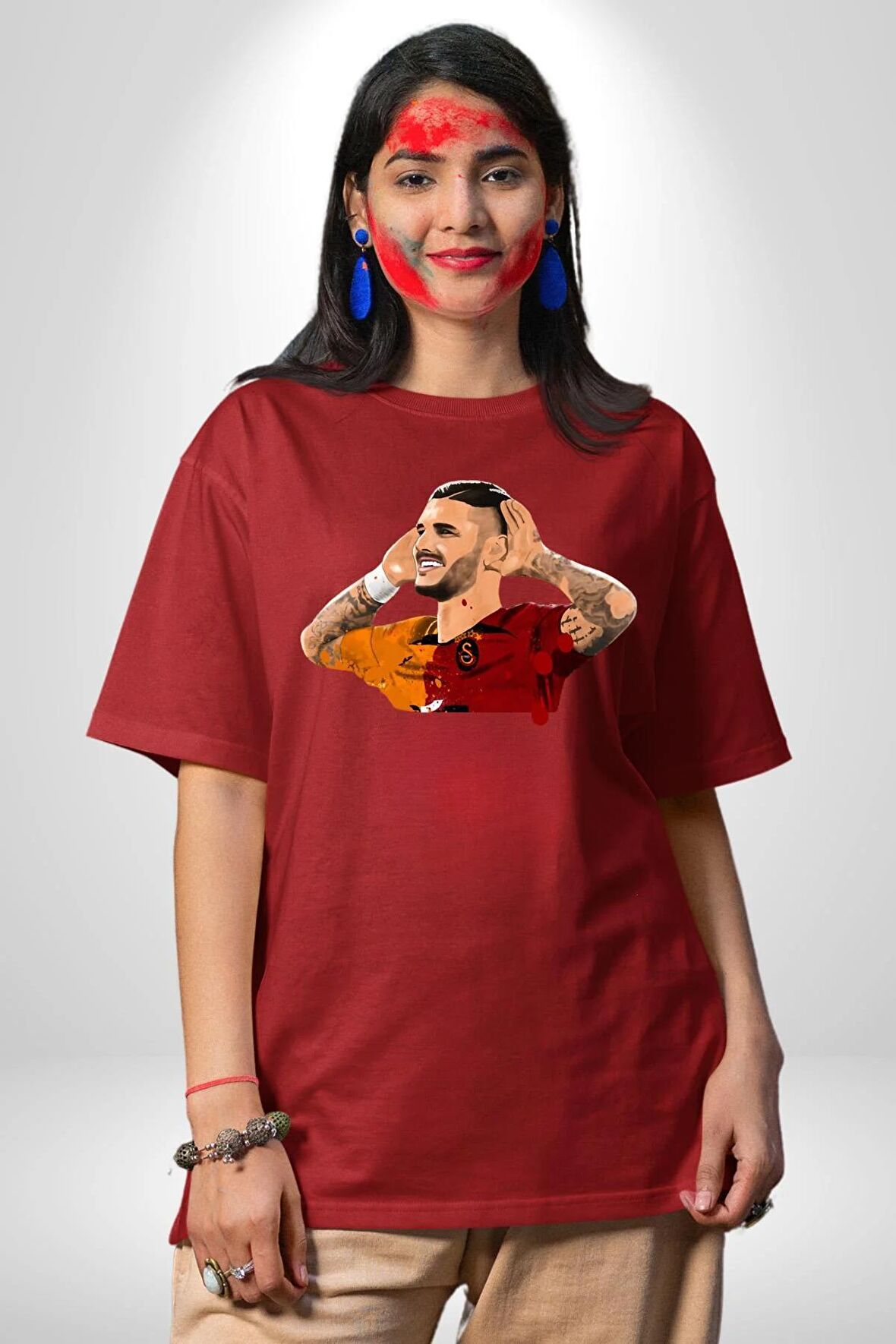 Mauro Icardi Gol Sevinci Pamuklu Bisiklet Yaka Kadın Erkek Oversize Boyfriend Dijital Baskılı Kırmızı T-shirt