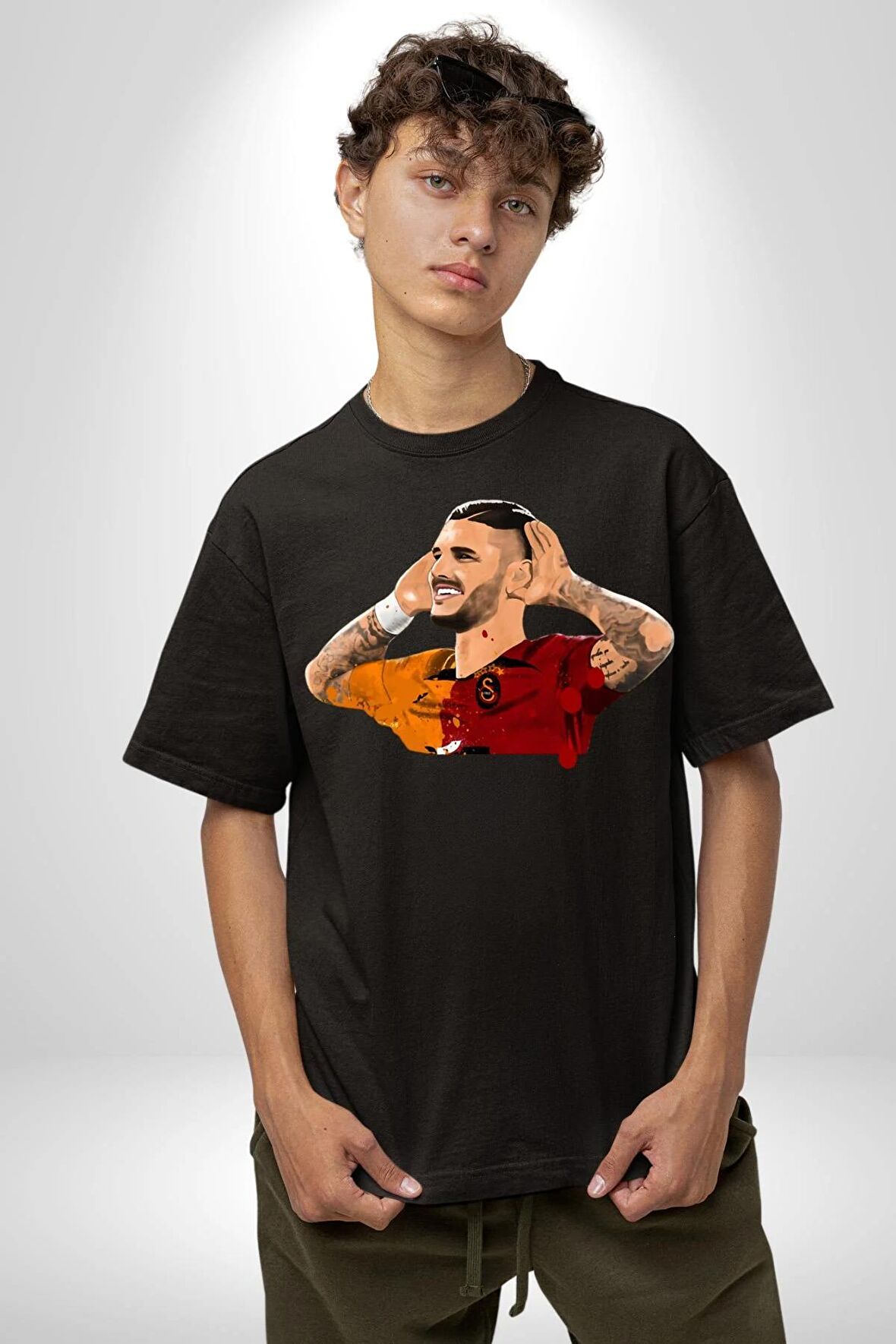 Mauro Icardi Gol Sevinci Pamuklu Bisiklet Yaka Kadın Erkek Oversize Boyfriend Dijital Baskılı Siyah T-shirt
