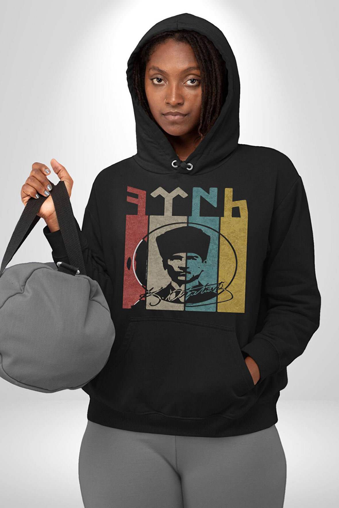 Atatürk İmzalı Türk Logo Kadın Erkek  Siyah Kapüşonlu Sweatshirt Hoodie