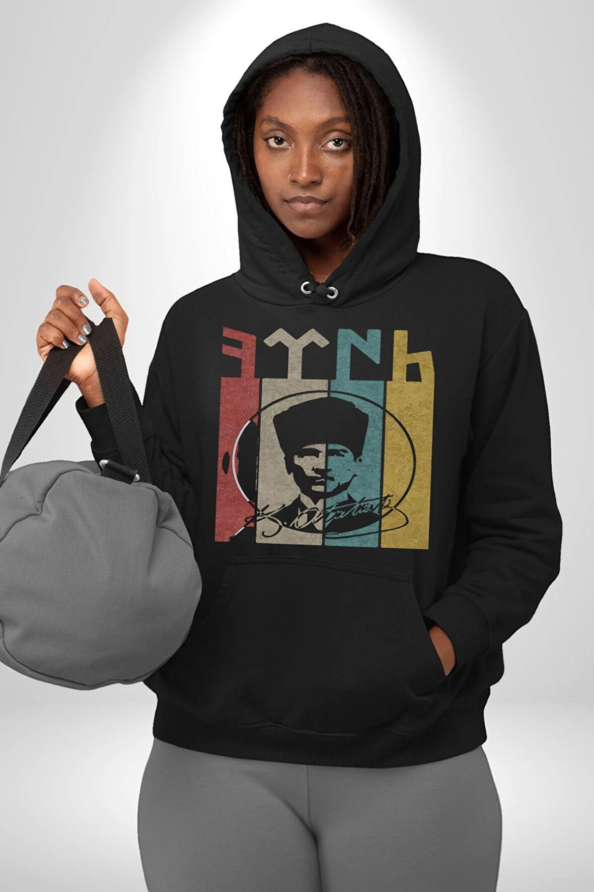 Atatürk İmzalı Türk Logo Kadın Erkek  Siyah Kapüşonlu Sweatshirt Hoodie