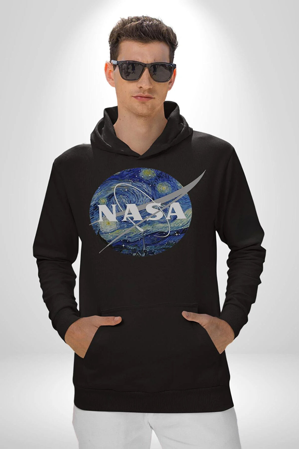 Nasa Logo Kadın Erkek  Siyah Kapüşonlu Sweatshirt Hoodie