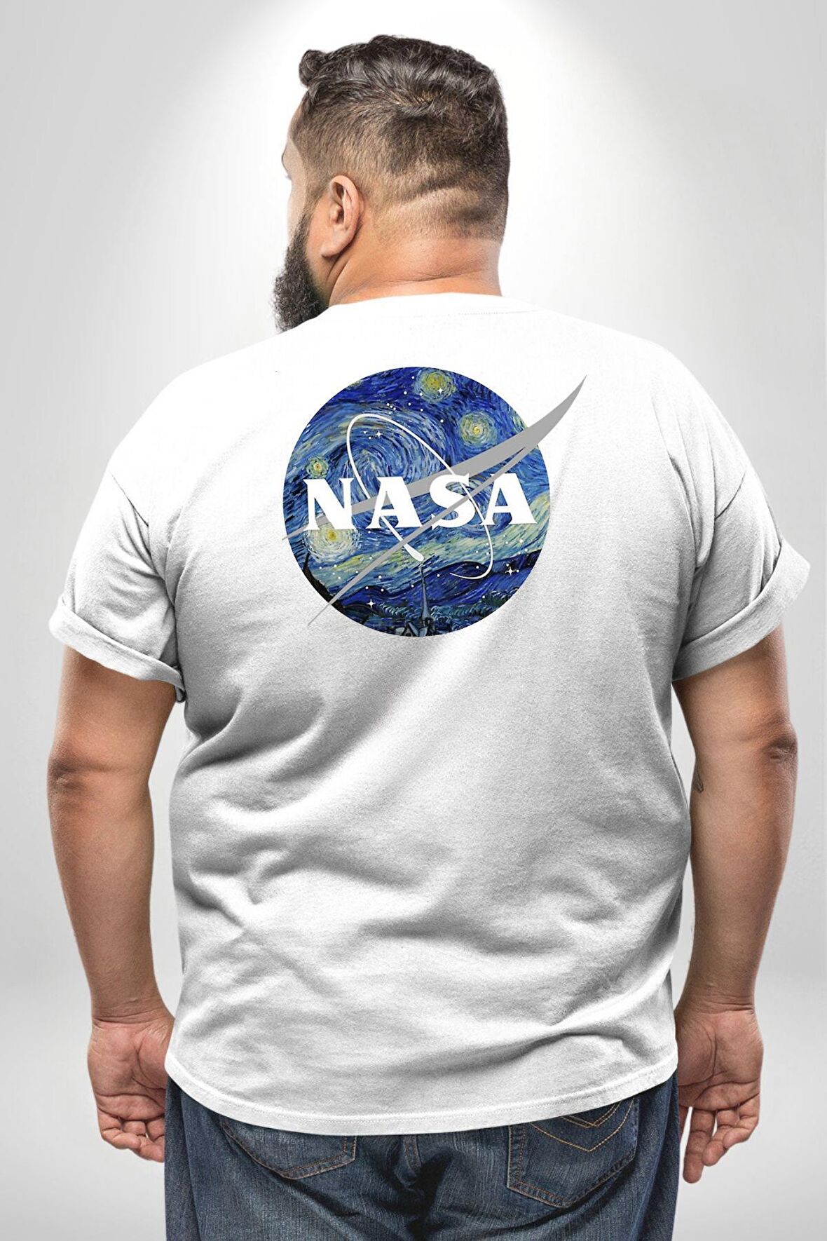 Nasa Logo Büyük Beden Beyaz Tişört Kadın Erkek Ünisex Sırt Baskılı
