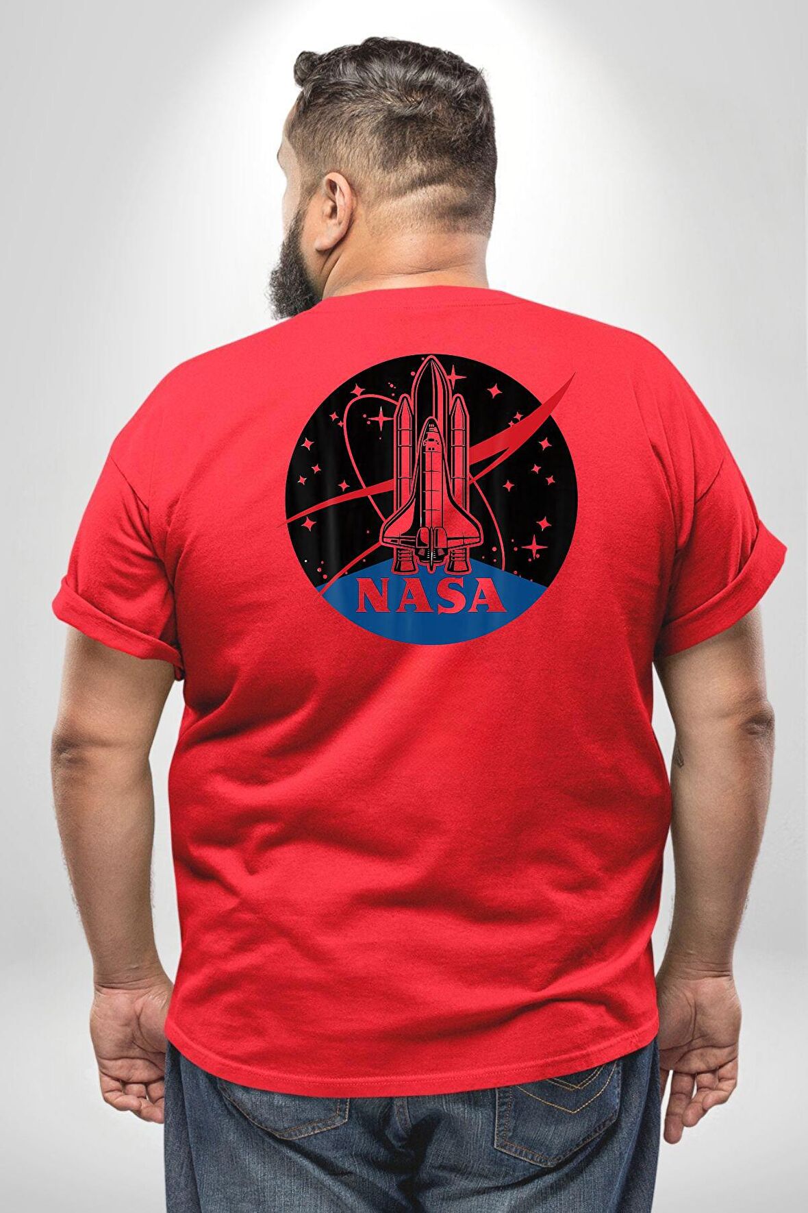 Nasa Apollo Programı Büyük Beden Kırmızı Tişört Kadın Erkek Ünisex Sırt Baskılı